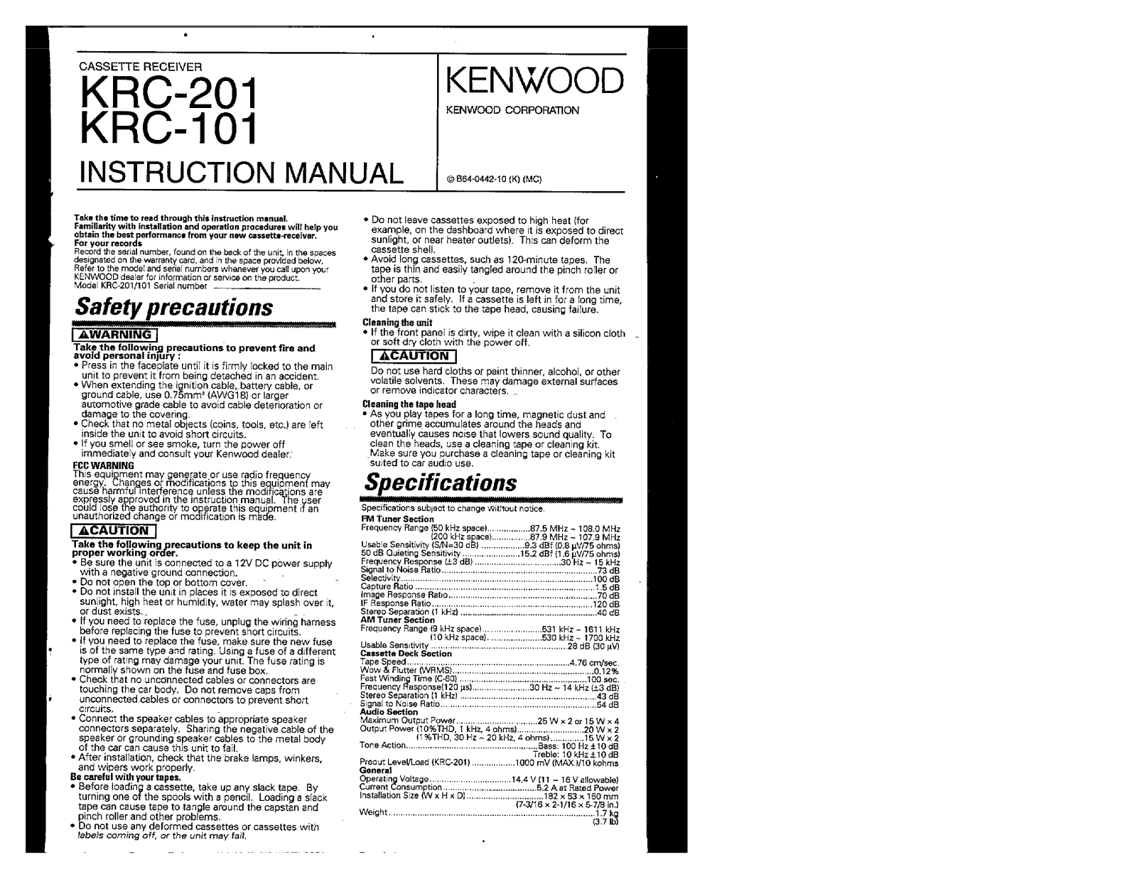 Kenwood KRC-101, KRC-201 Owner's Manual