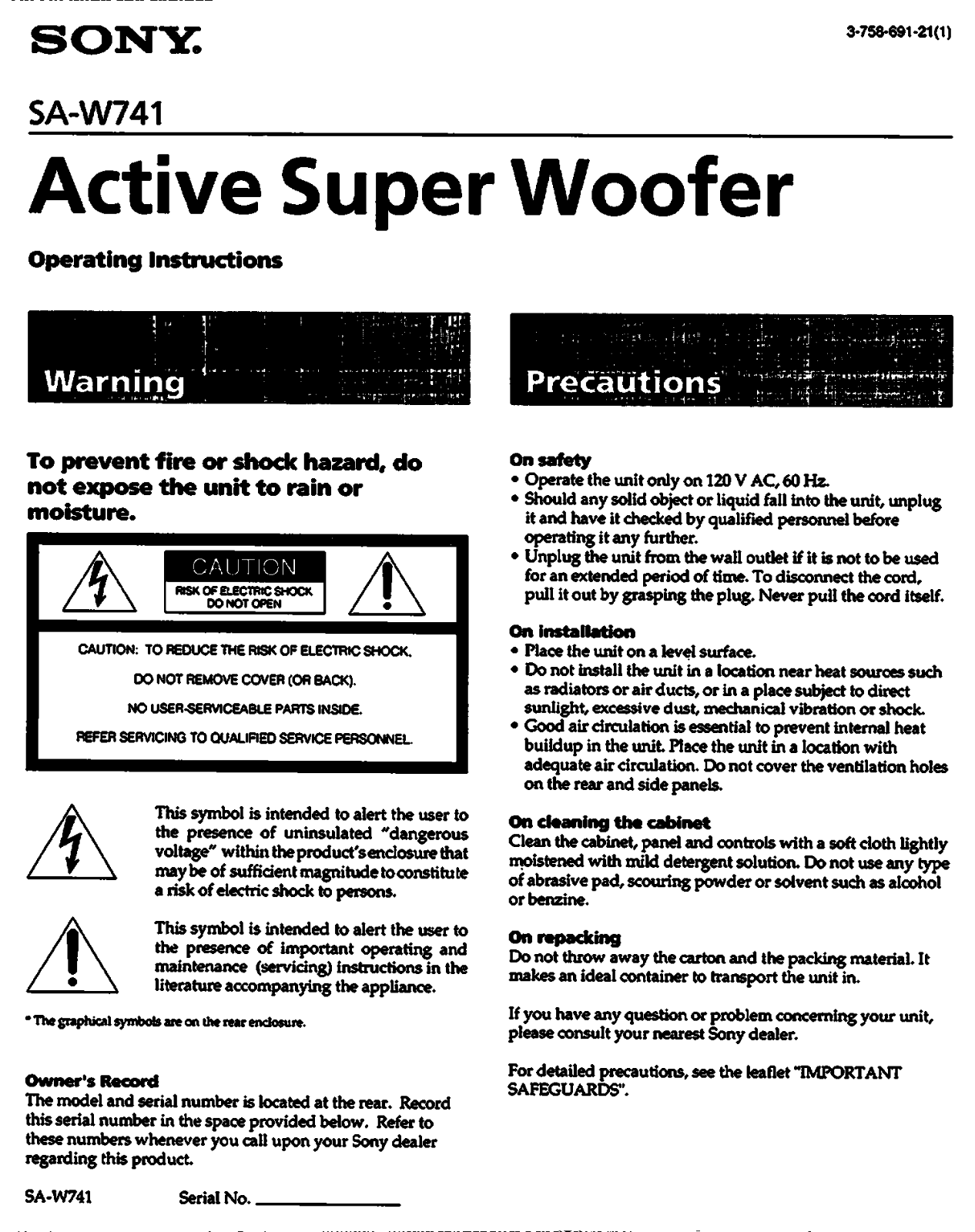 Sony SA-W741 User Manual