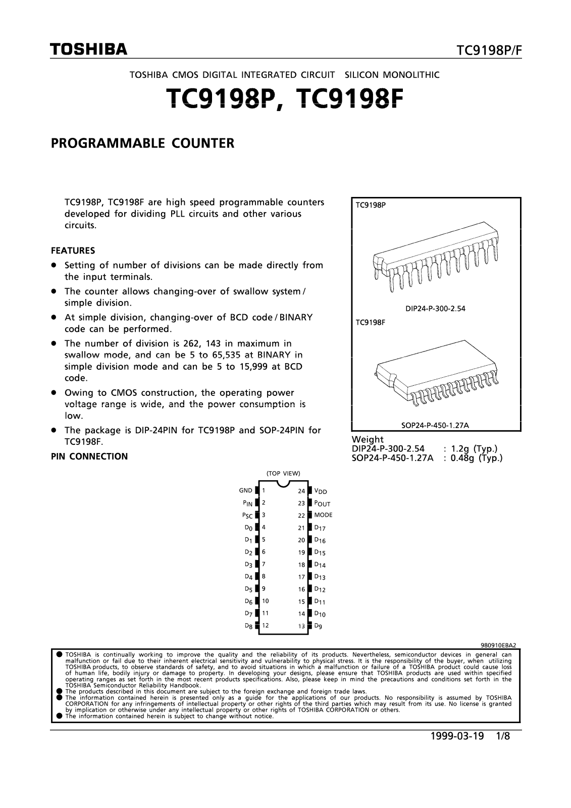 TOSHIBA TC9198P, TC9198F Technical data