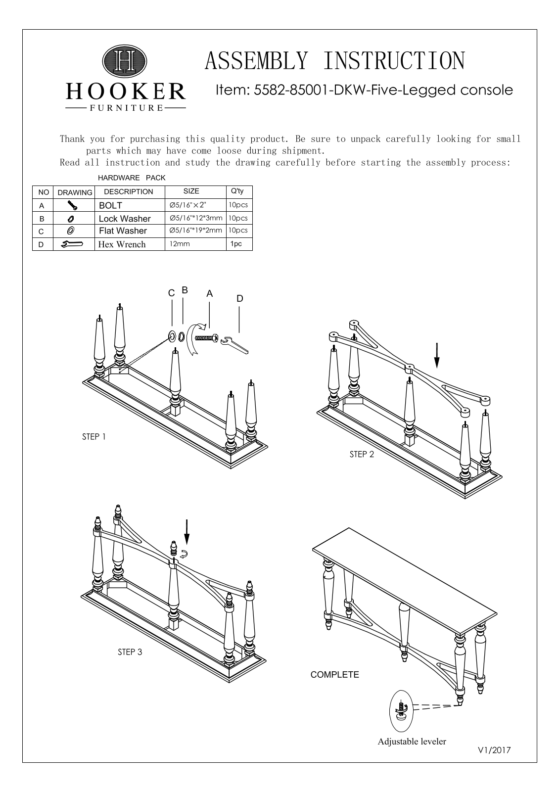 Hooker Furniture 558285001DKW Assembly Guide