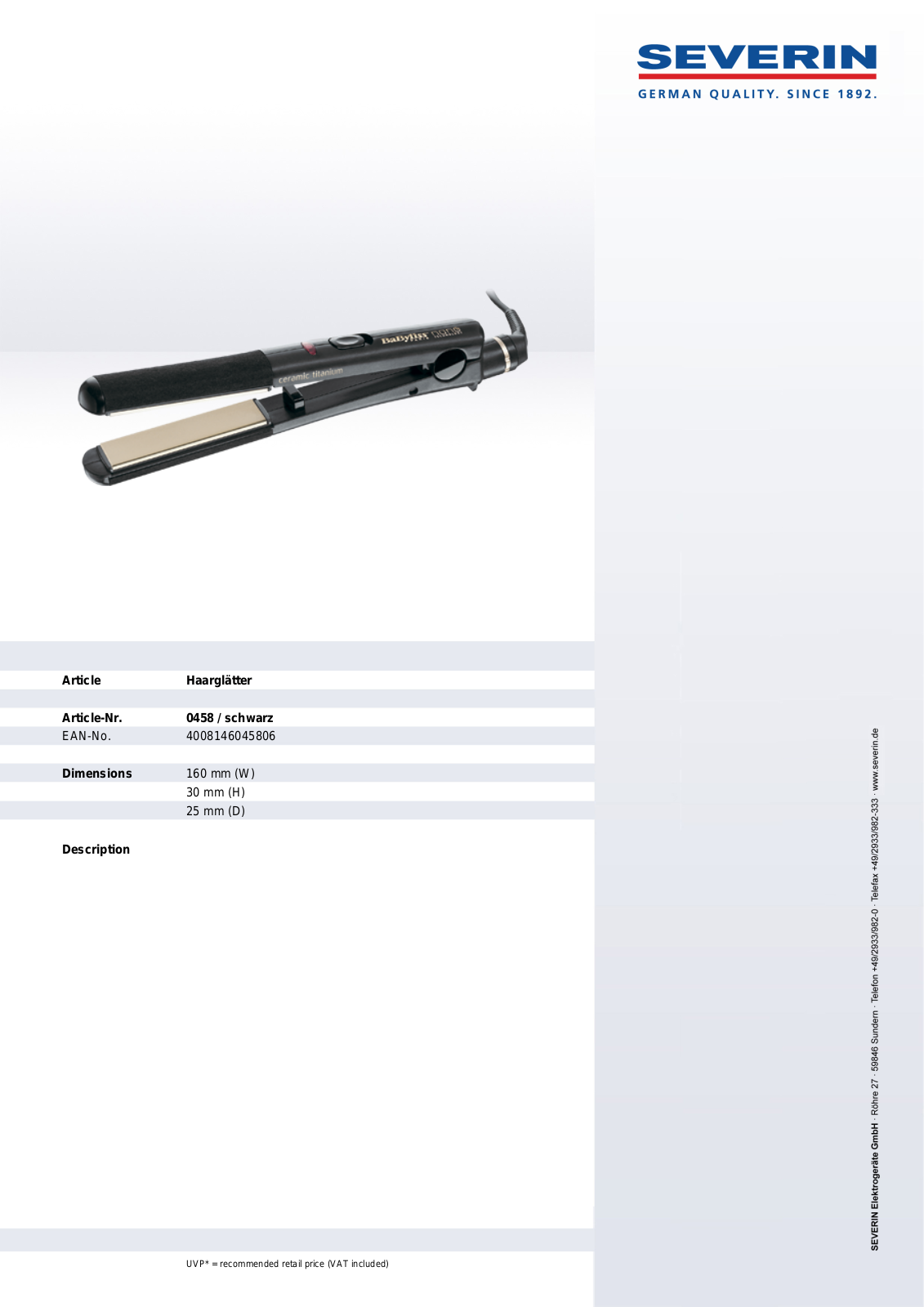 Severin CERAMIC SCULPTOR STRAIGHTENER 0458 User Manual