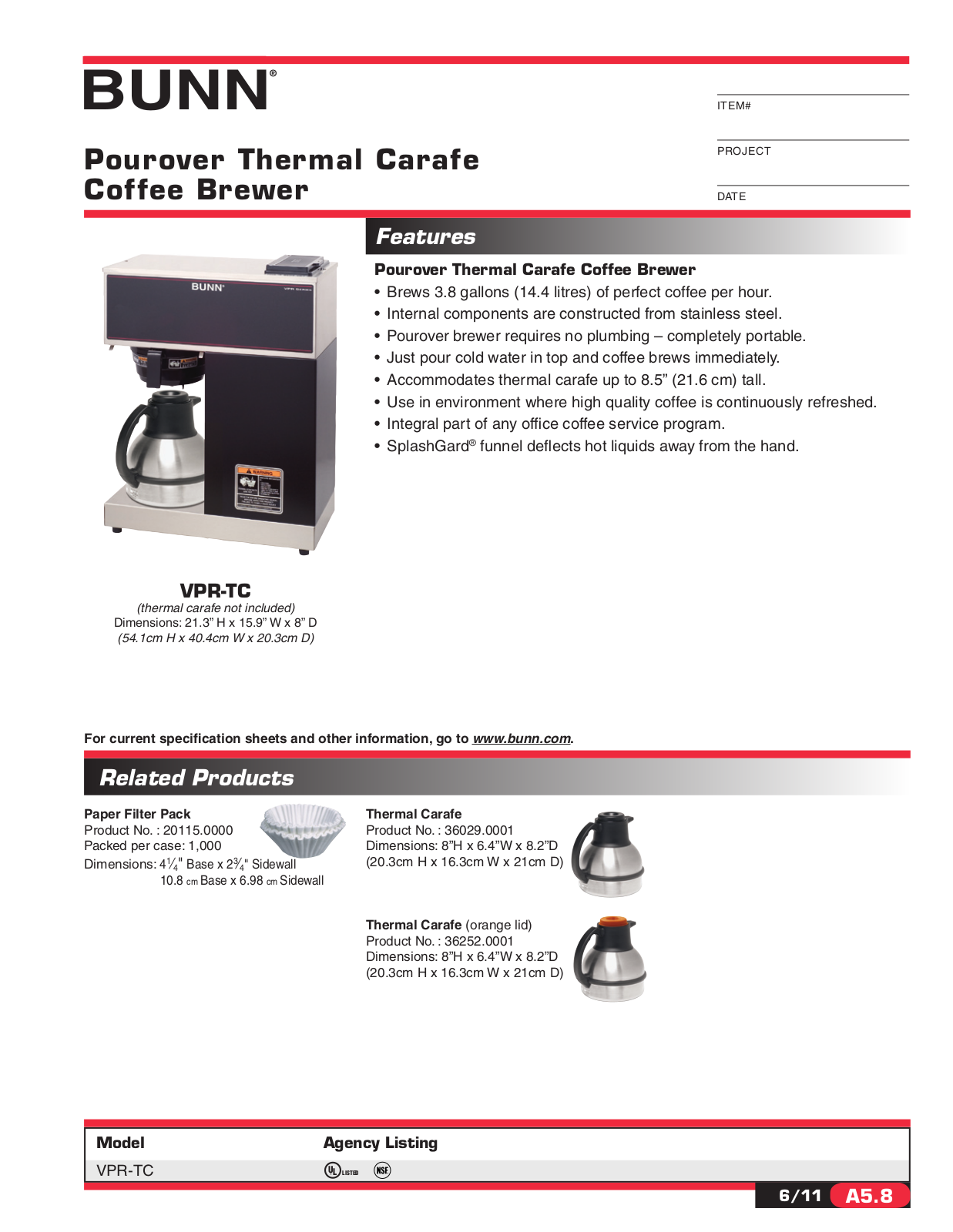 Bunn Coffee Maker VPR-TC User Manual