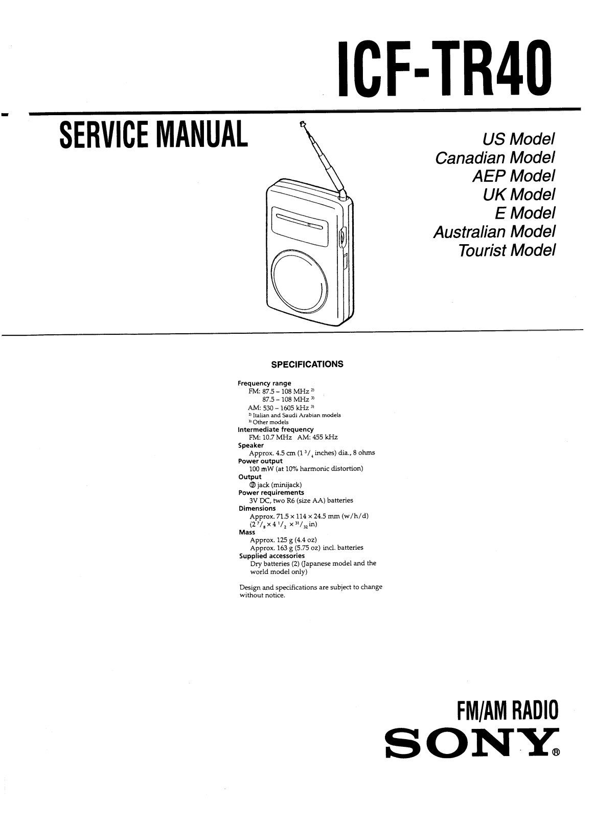 Sony ICFTR-40 Service manual