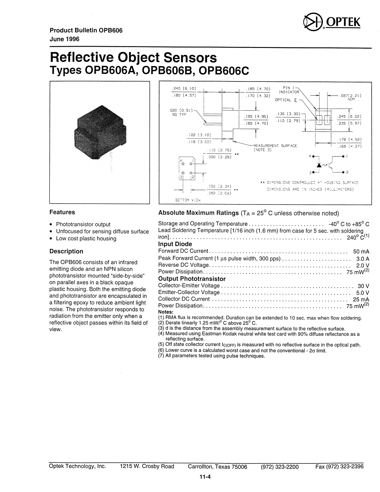 OPTEK OPB606B, OPB606C, OPB606A Datasheet