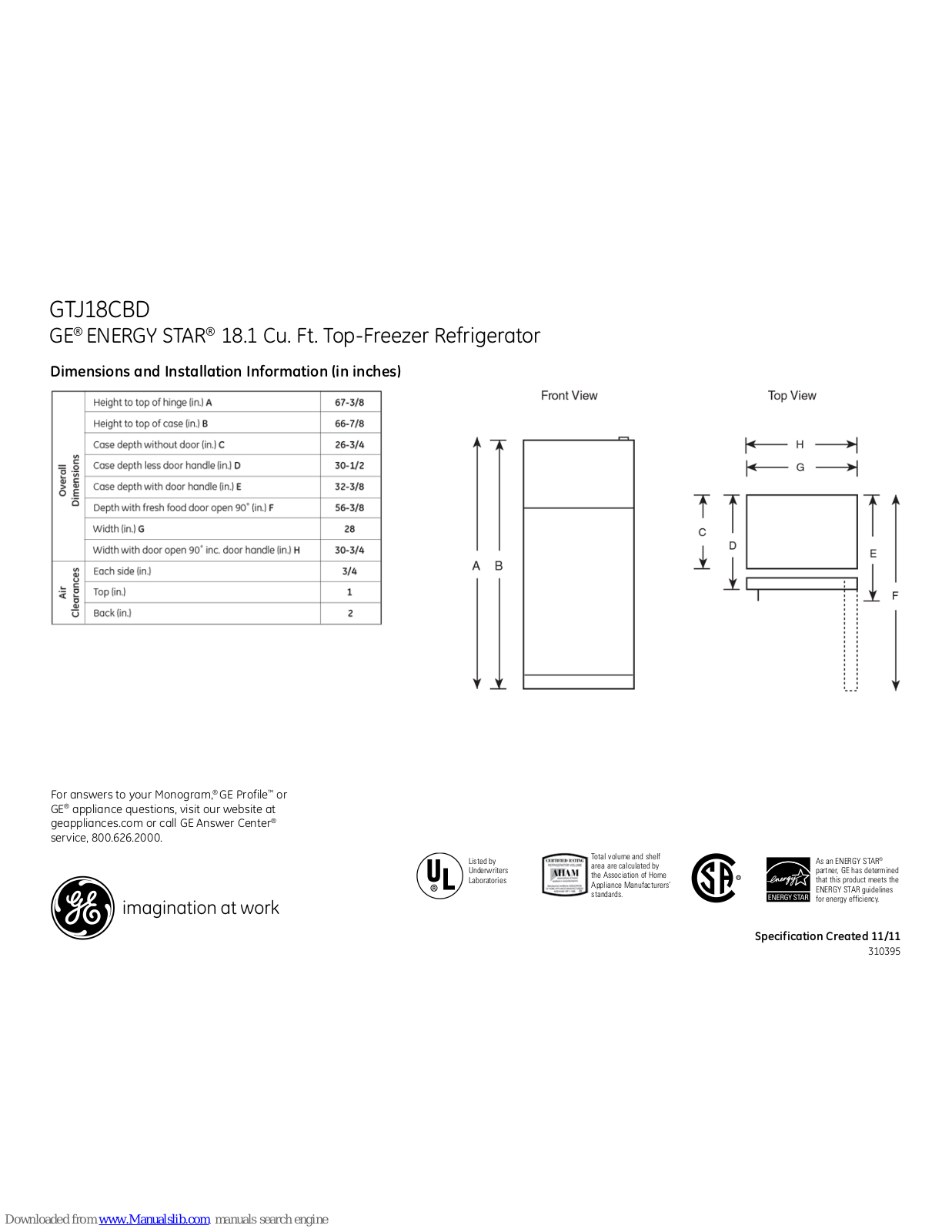 GE GTJ18CBDSA, ENERGY STAR GTJ18CBD Dimensions And Installation Information