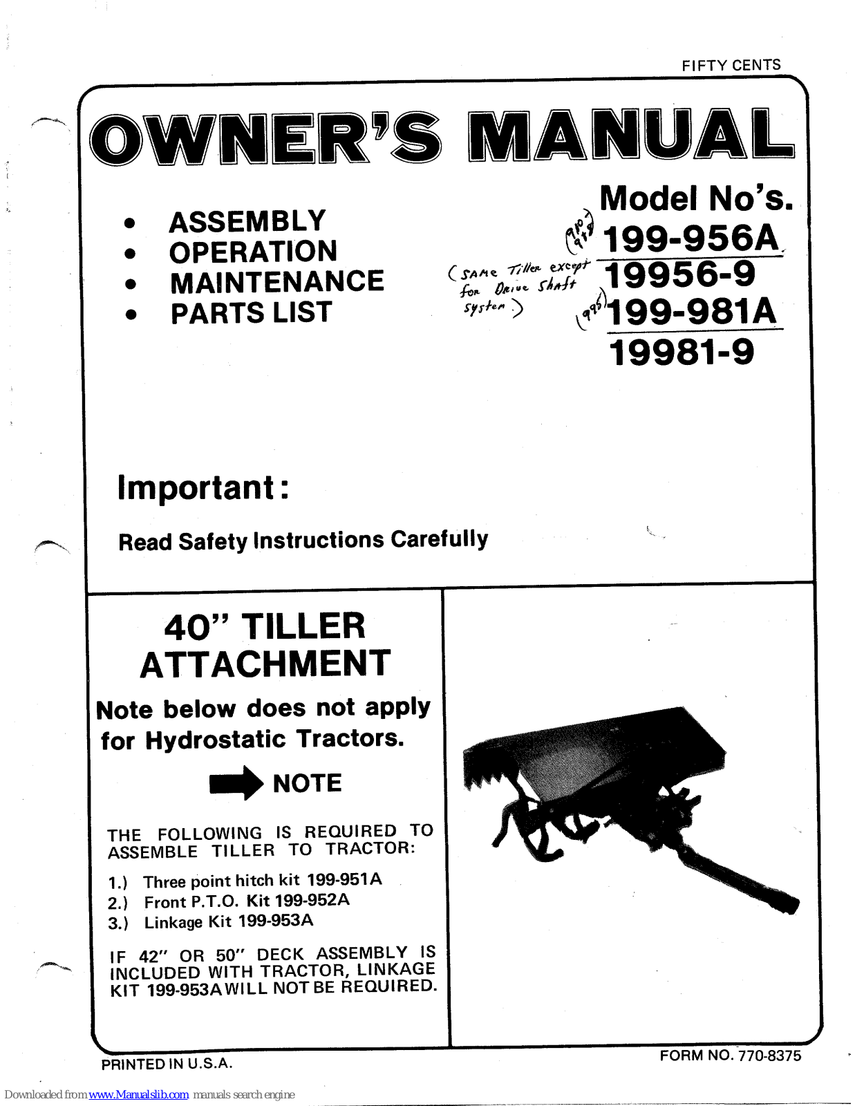 MTD 199-956A, 199-981A, 19956-9, 19981-9 Owner's Manual