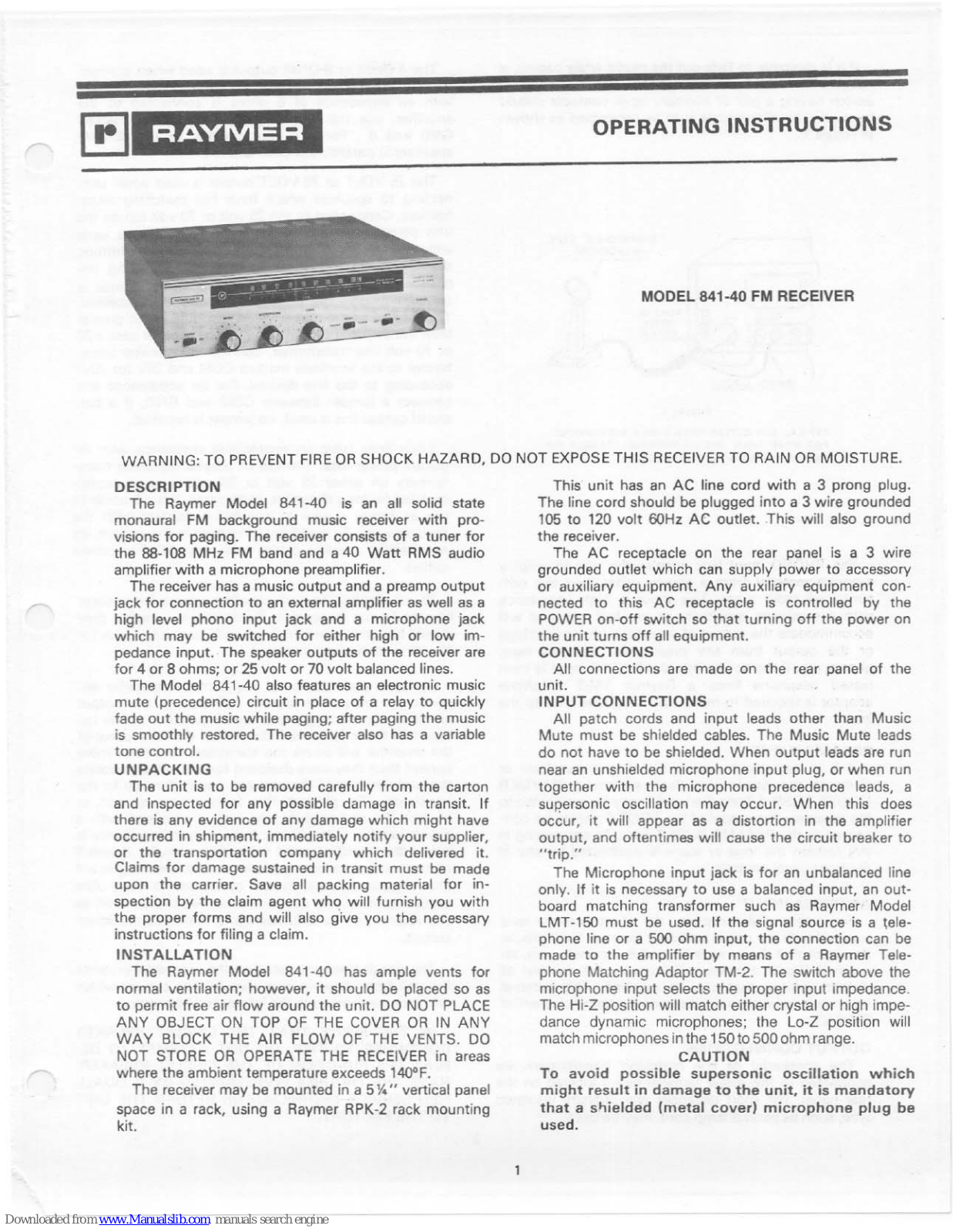 Raymer FM Receiver 841-40 Operating Instructions Manual