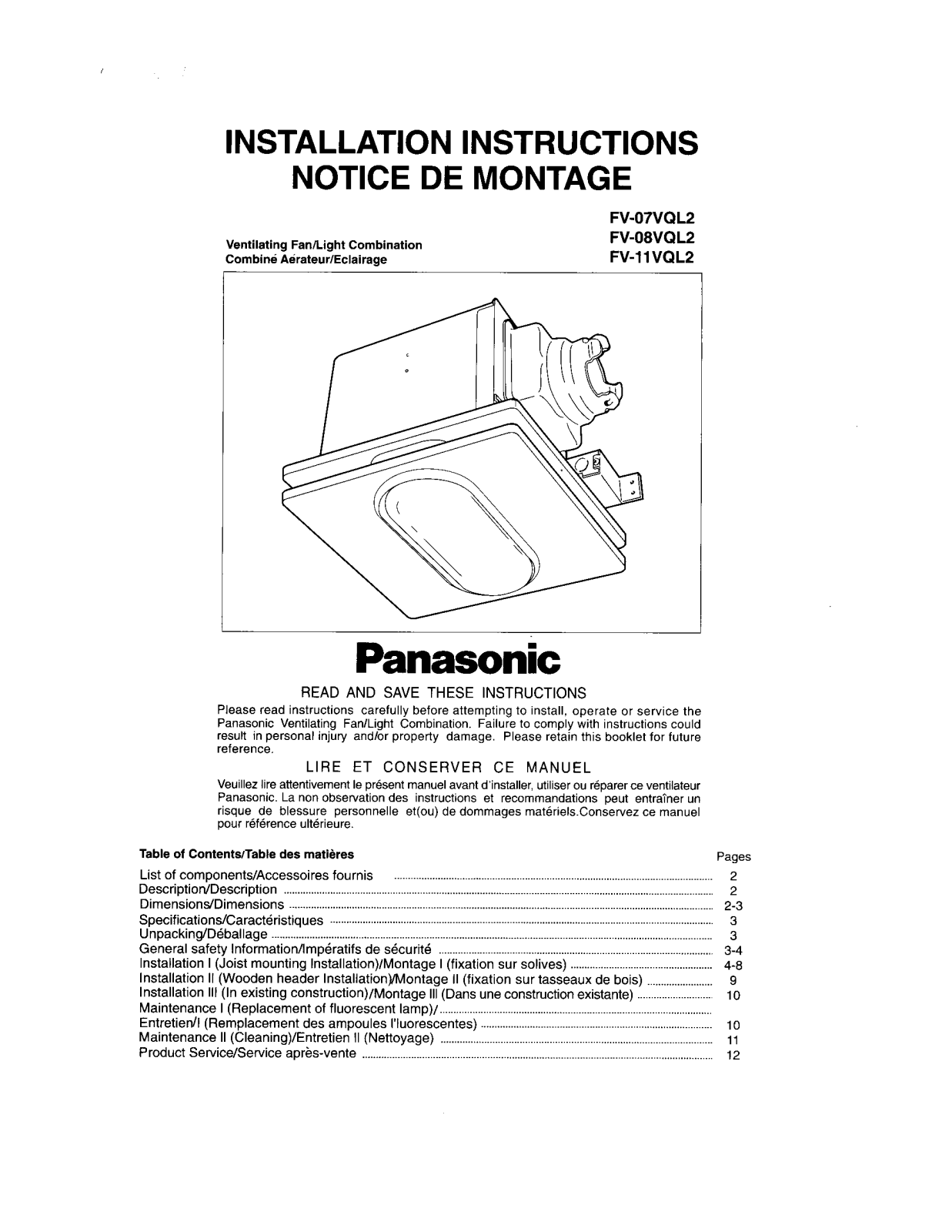 Panasonic fv-07vql2, fv-xxvql2 Operation Manual