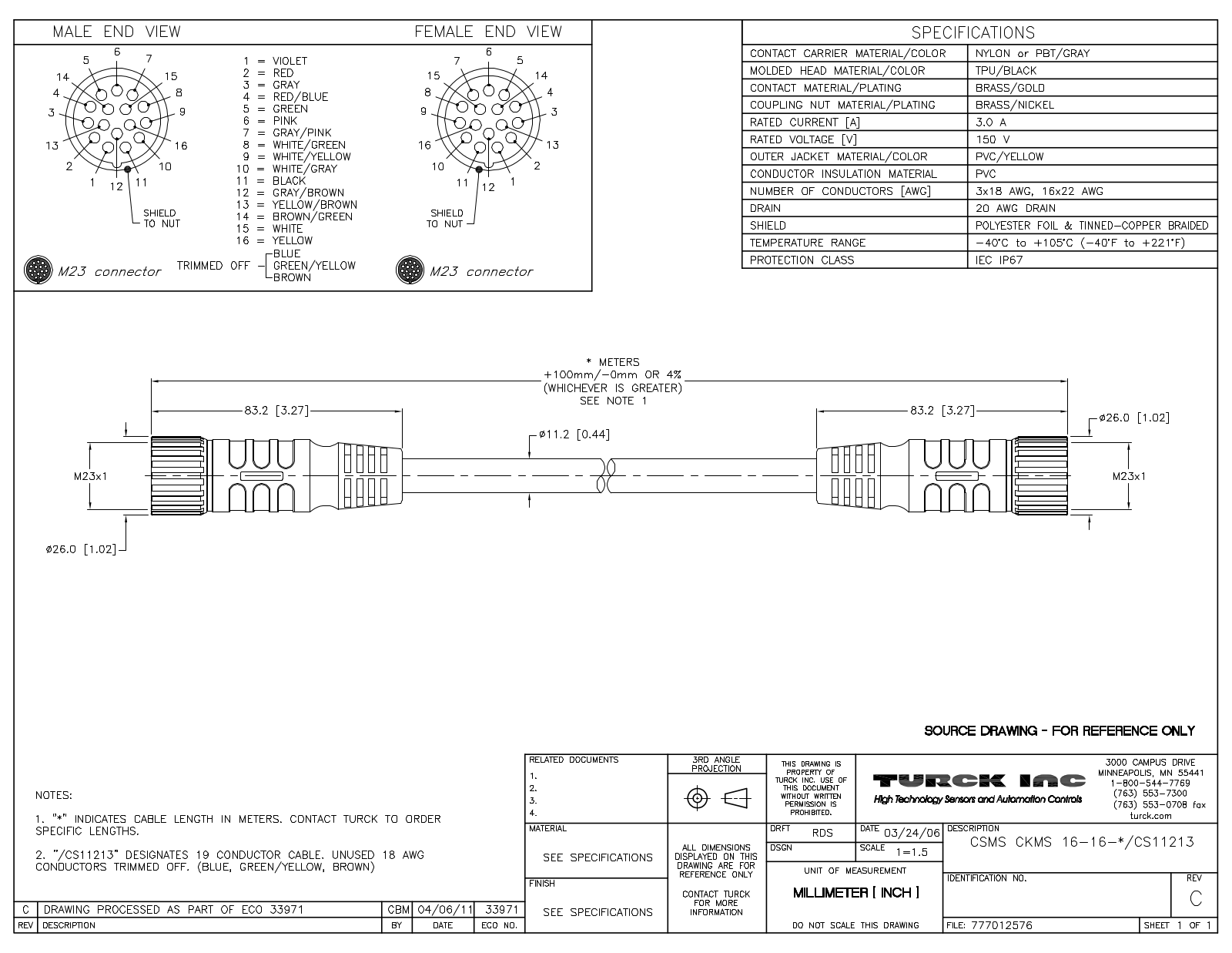 Turck CSMSCKMS16-16-10/CS11213 Specification Sheet