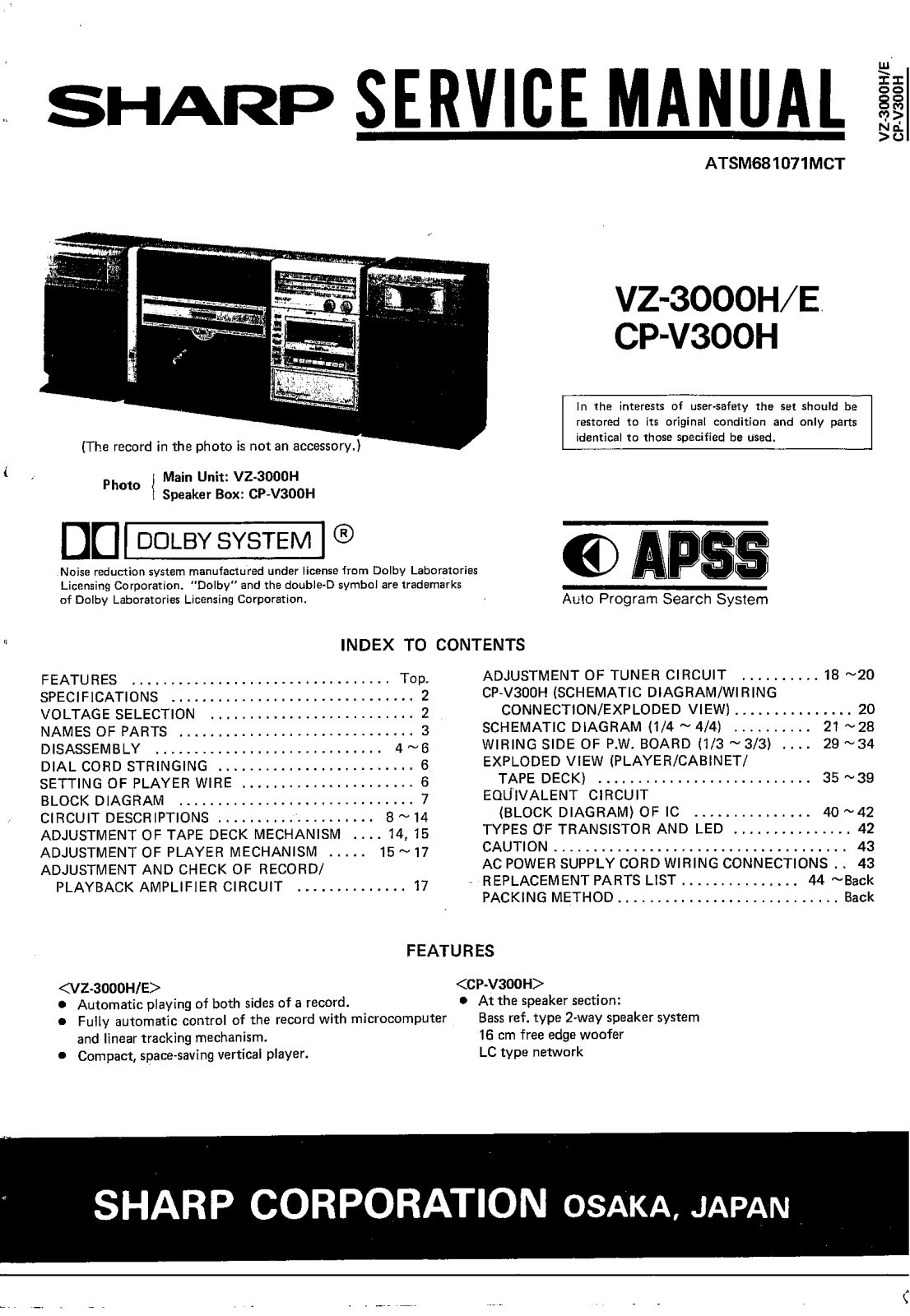 Sharp VZ-3000-E, VZ-3000-H, CPV-300-H Service manual