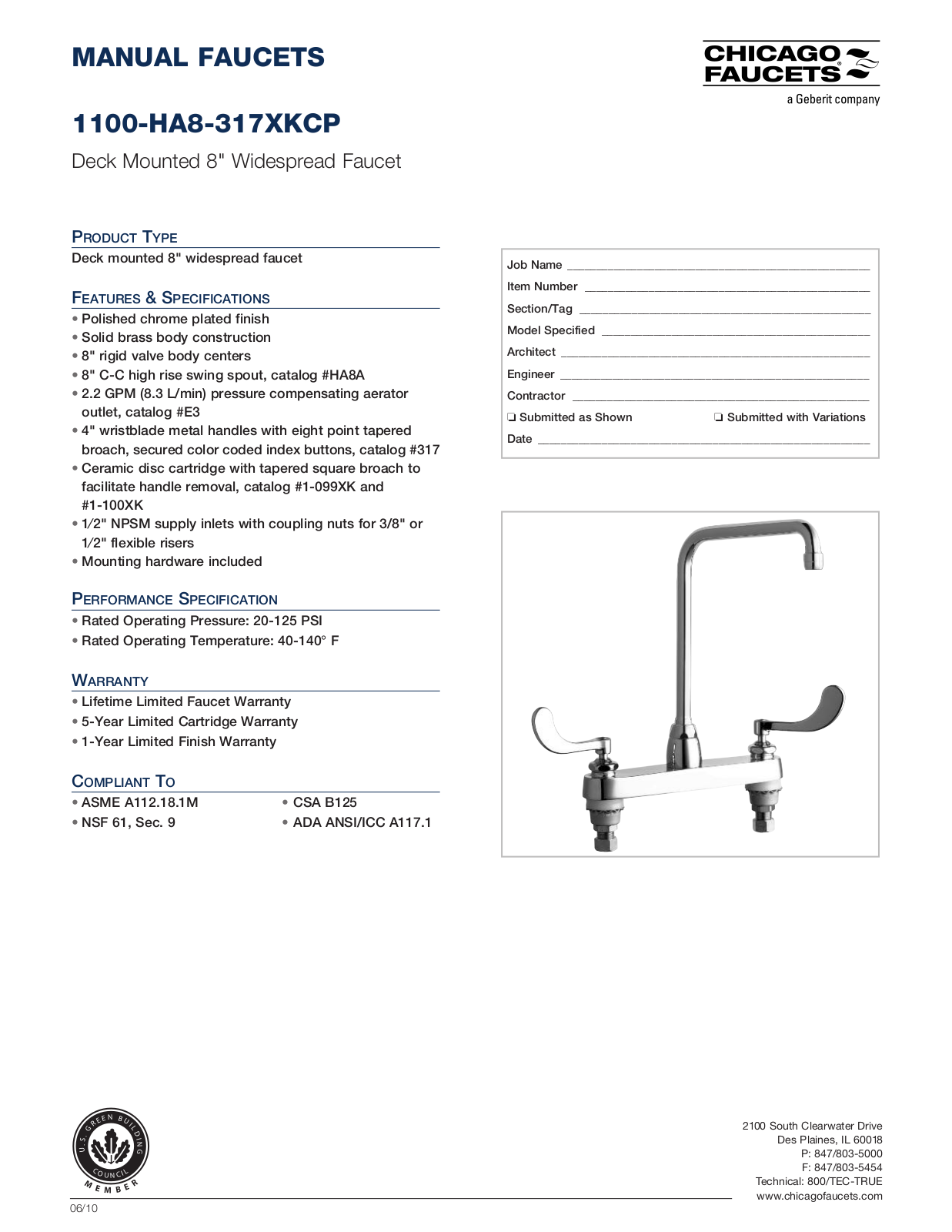 Chicago Faucet 1100-HA8-317XK Specifications