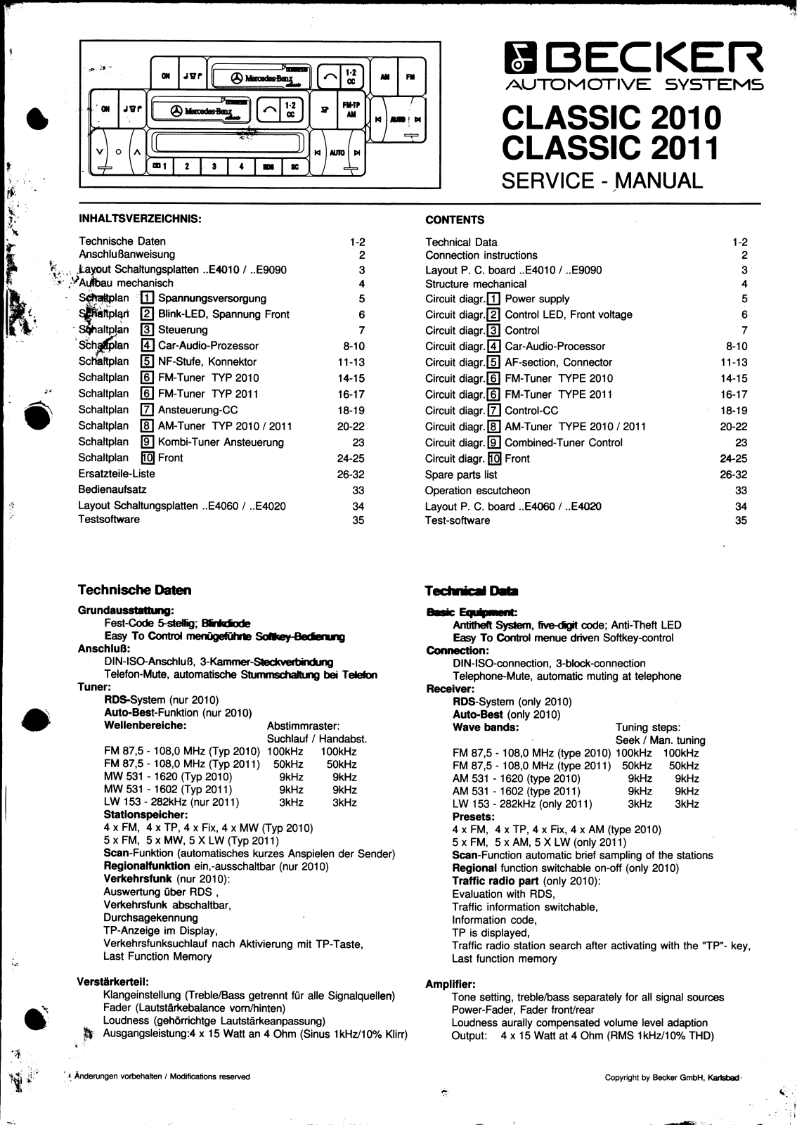 Becker Electronics Classic 2010, Classic 2011 Service manual