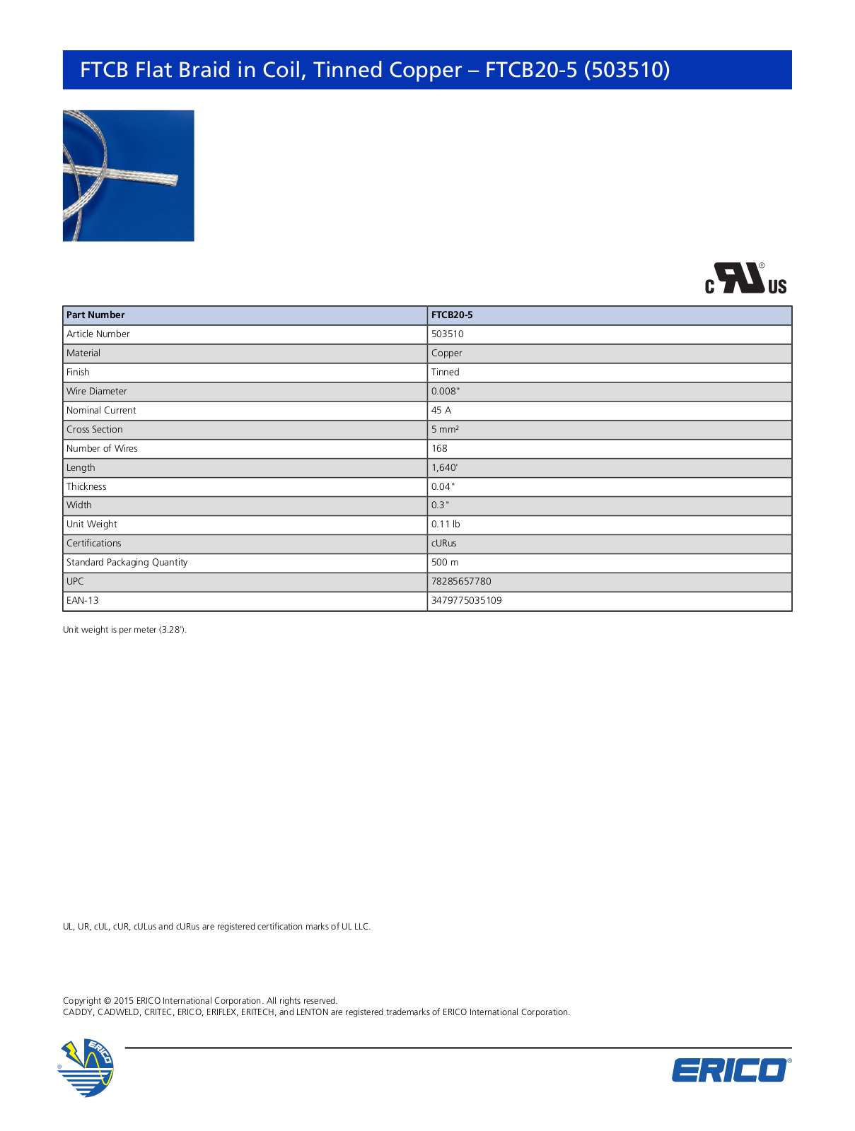 ERICO 503510 Data Sheet