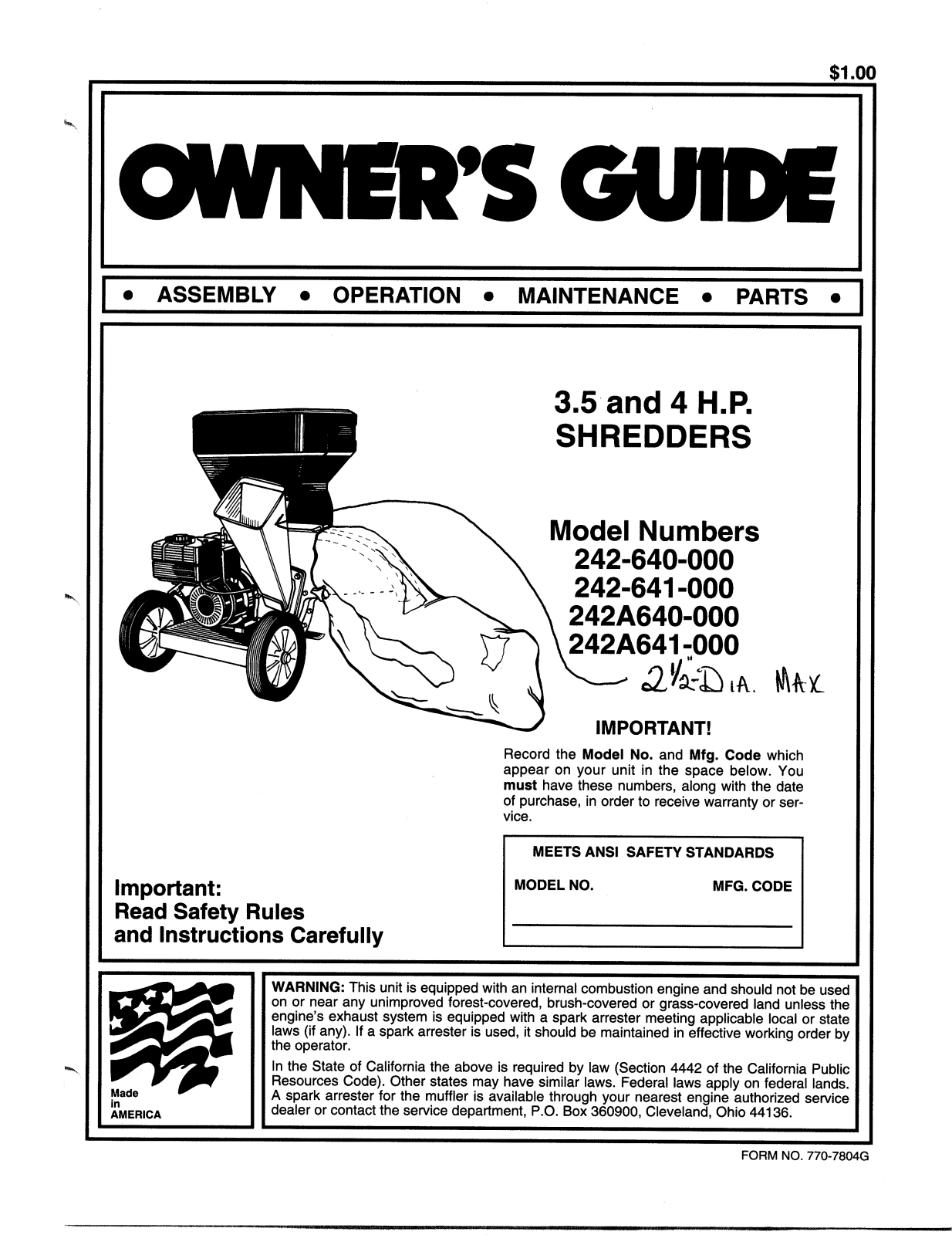 MTD 242A640-000, 242-640-000, 242-641-000 User Manual