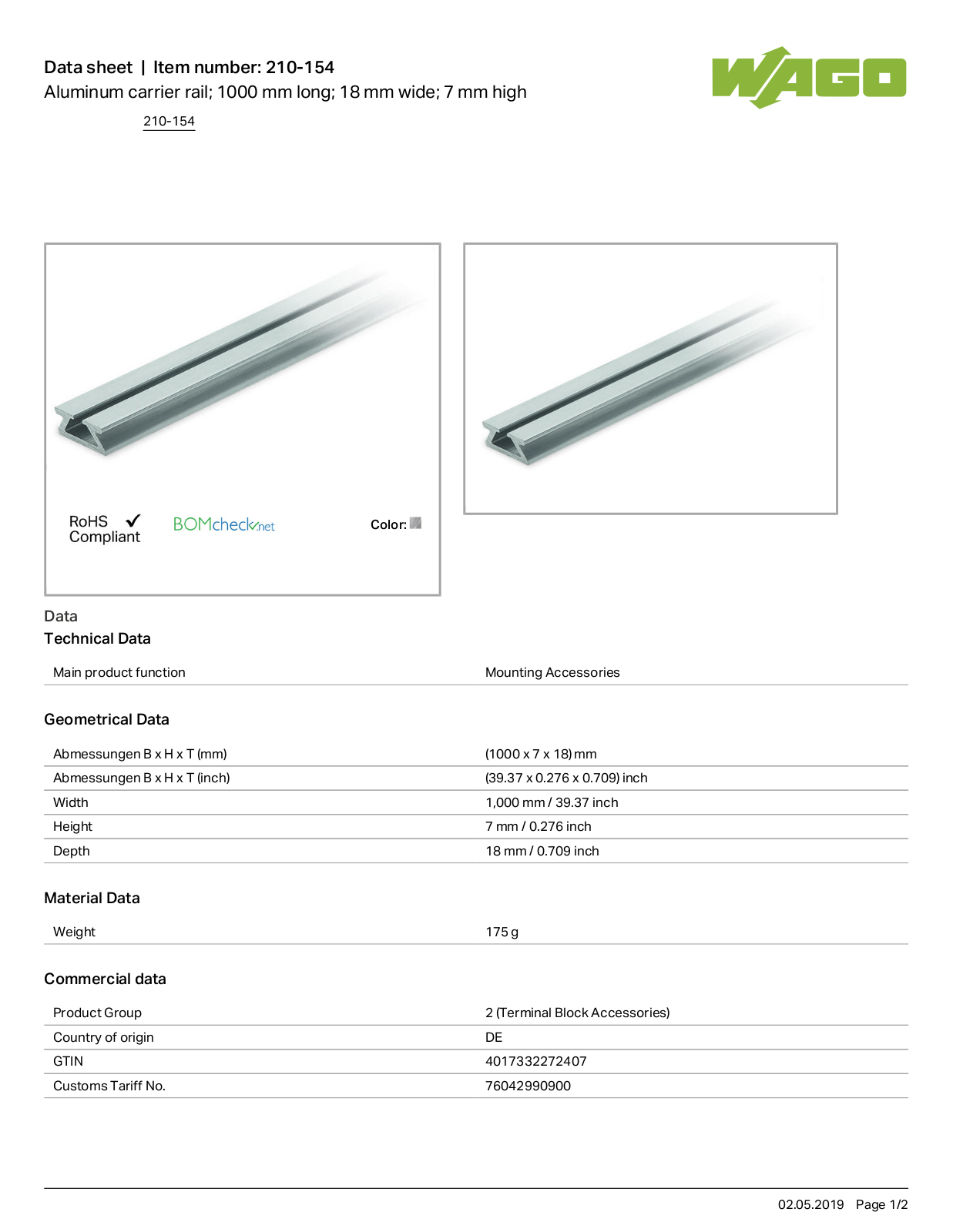 Wago 210-154 Data Sheet