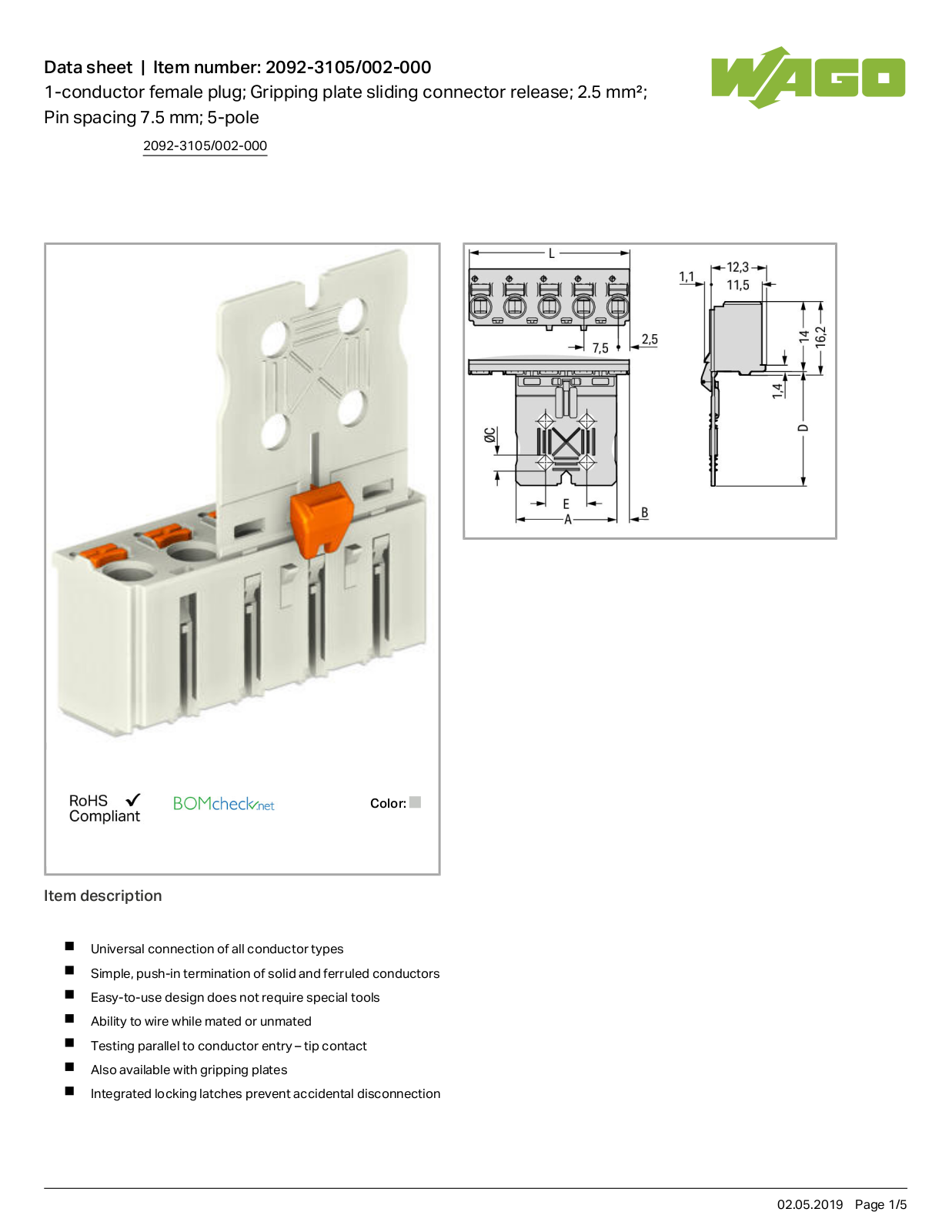 Wago 2092-3105/002-000 Data Sheet