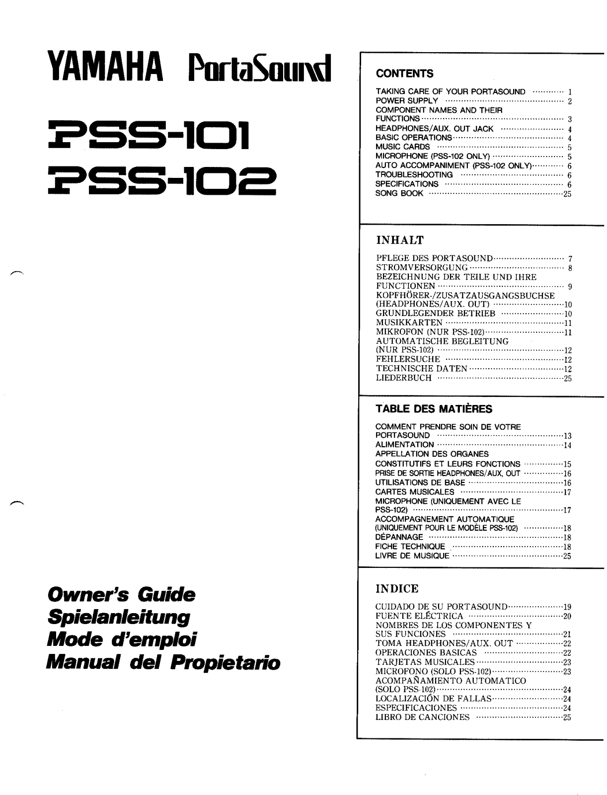 Yamaha PSS-101, PSS-102 Owner's Manual