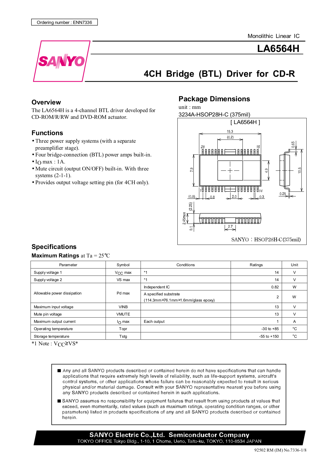 SANYO LA6564H Datasheet