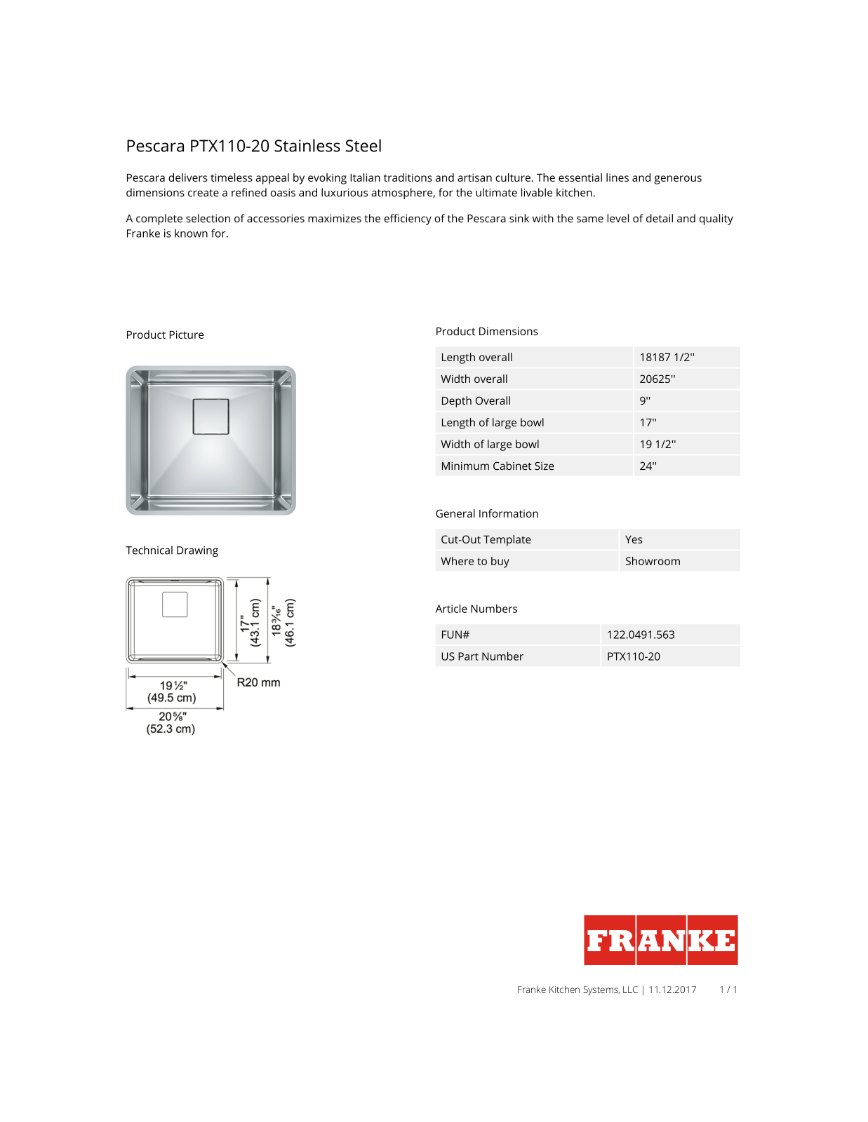 Franke PTX110-20 Specifications