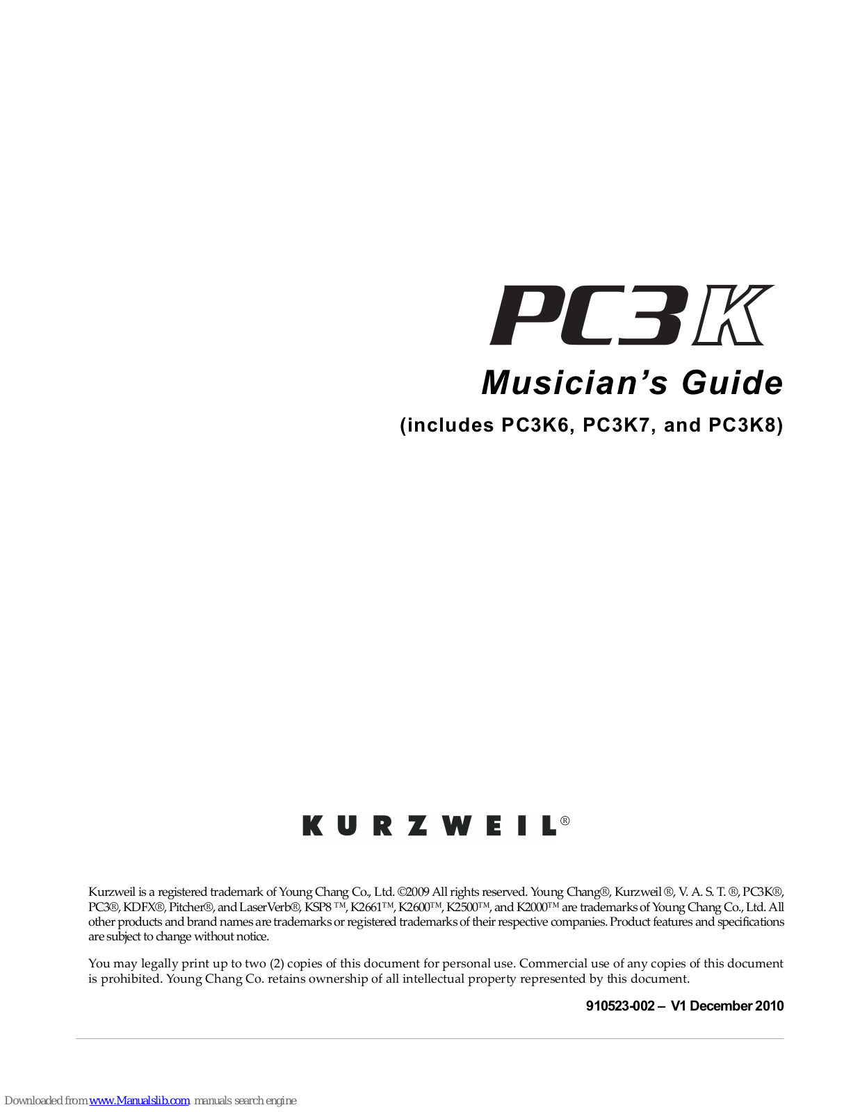 Kurzweil PC3K Series, PC3K6, PC3K7, PC3K8 Musician's Manual