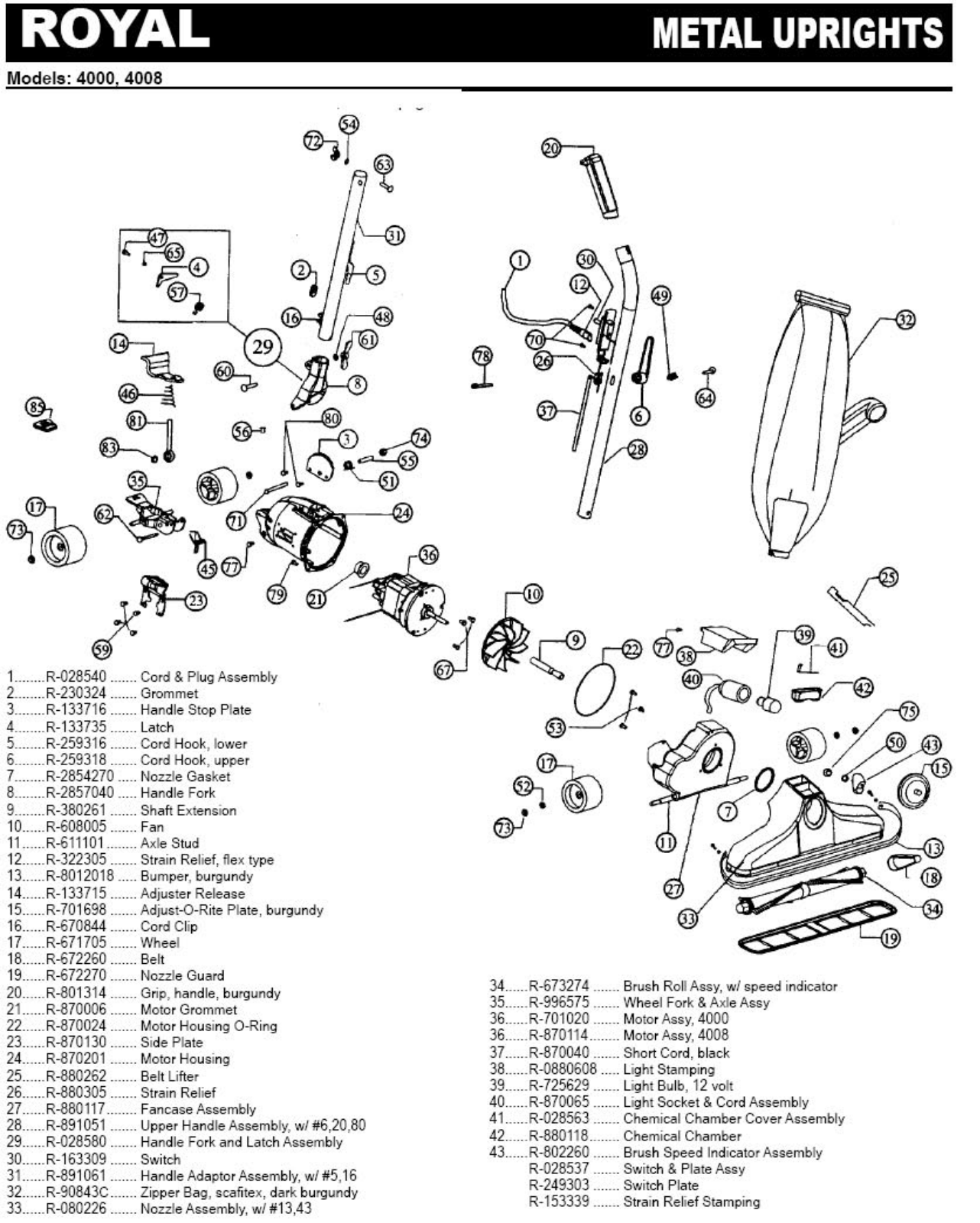 Royal 4000 Parts List