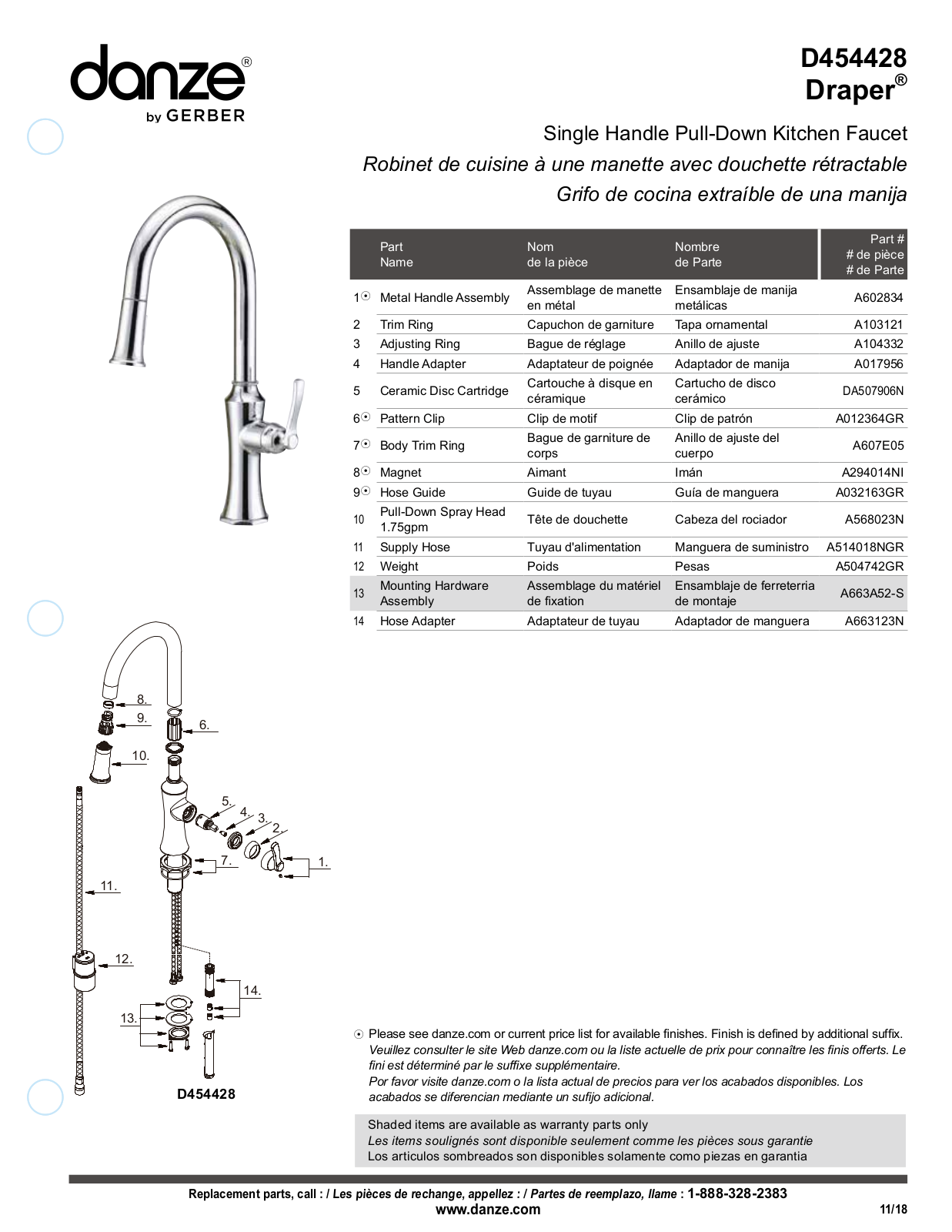 Gerber D454428, D454428SS Part List