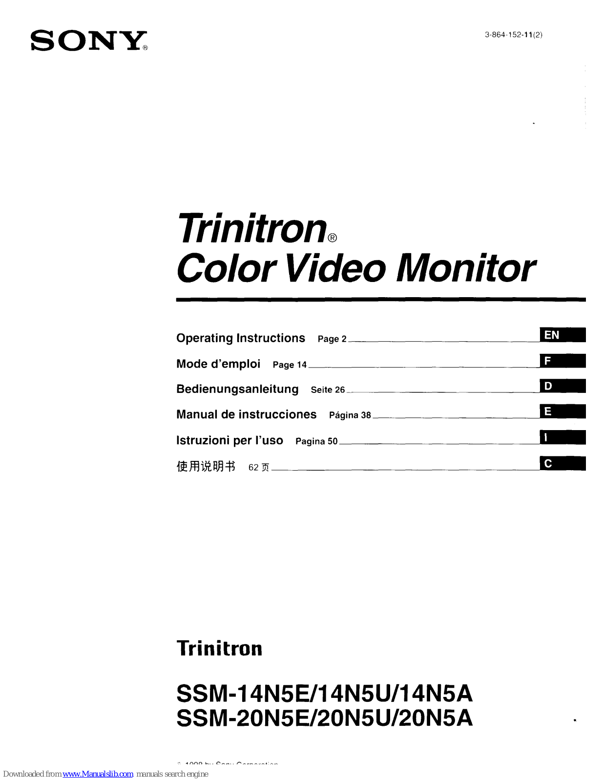 Sony Trinitron SSM-14N5E, Trinitron SSM-14N5U, Trinitron SSM-14N5A, Trinitron SSM-20N5E, Trinitron SSM-20N5U Operating Instructions Manual