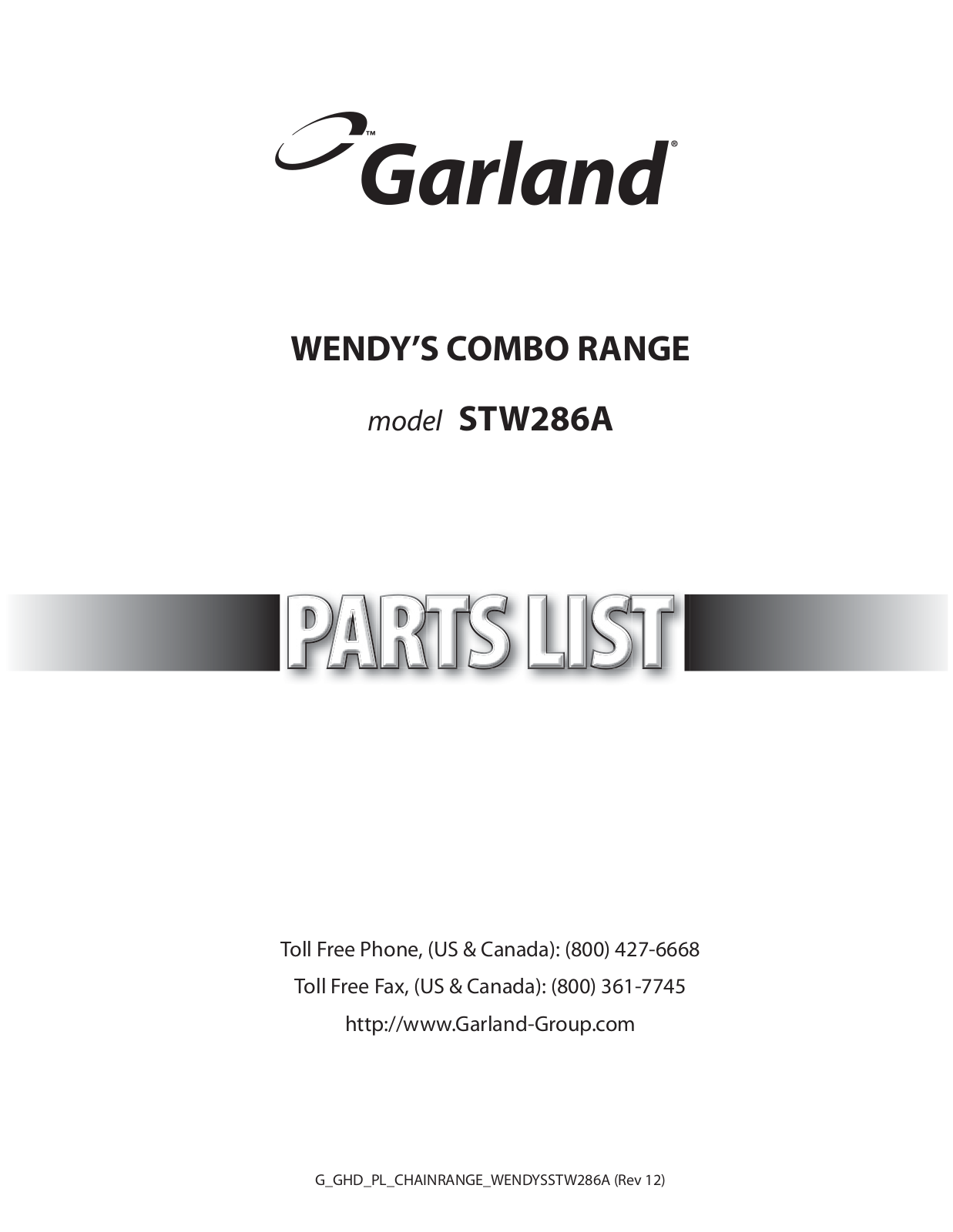 Garland STW286A Parts List