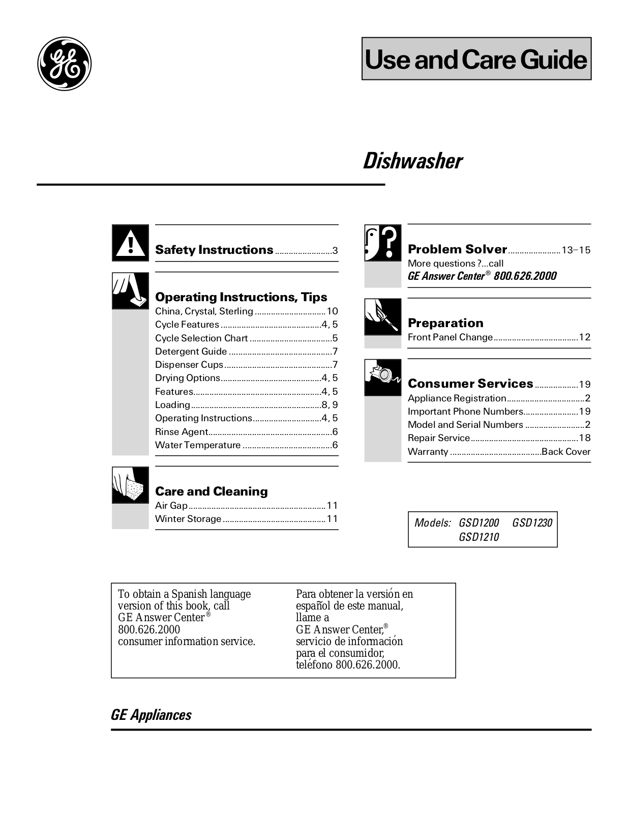 GE GSD1200, GSD1230, GSD1210 Use and Care Manual