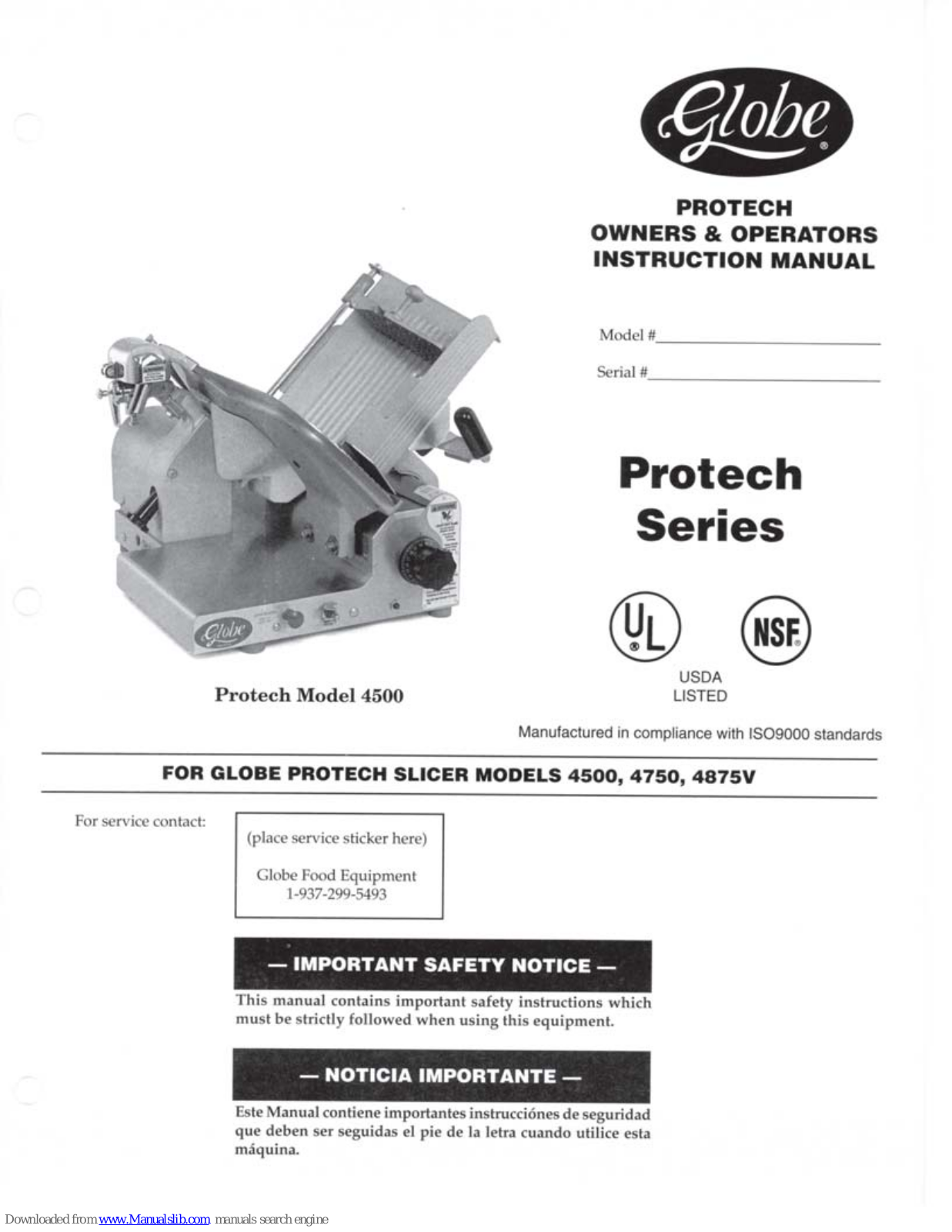 Globe Protech 4500, Protech 4750, Protech 4875V Owner & Operator Instruction Manual