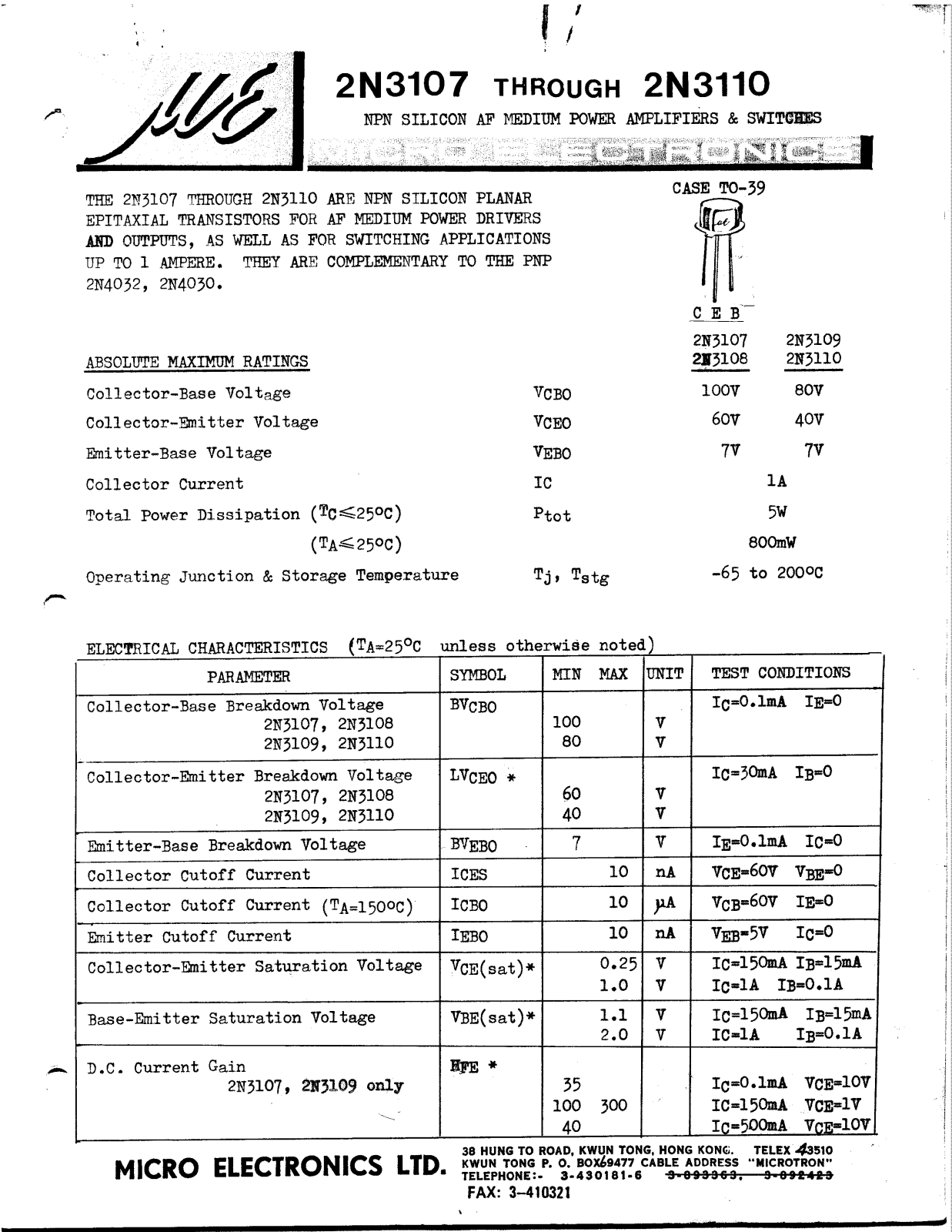 ME 2N3110, 2N3109, 2N3108, 2N3107 Datasheet