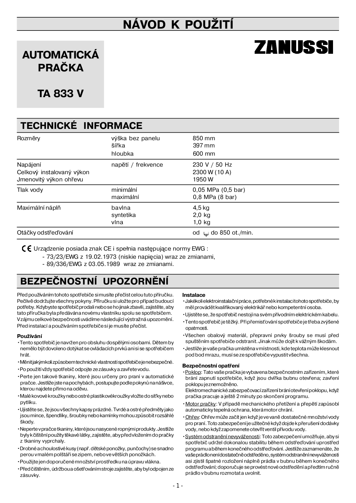 Zanussi TA 833 V User Manual