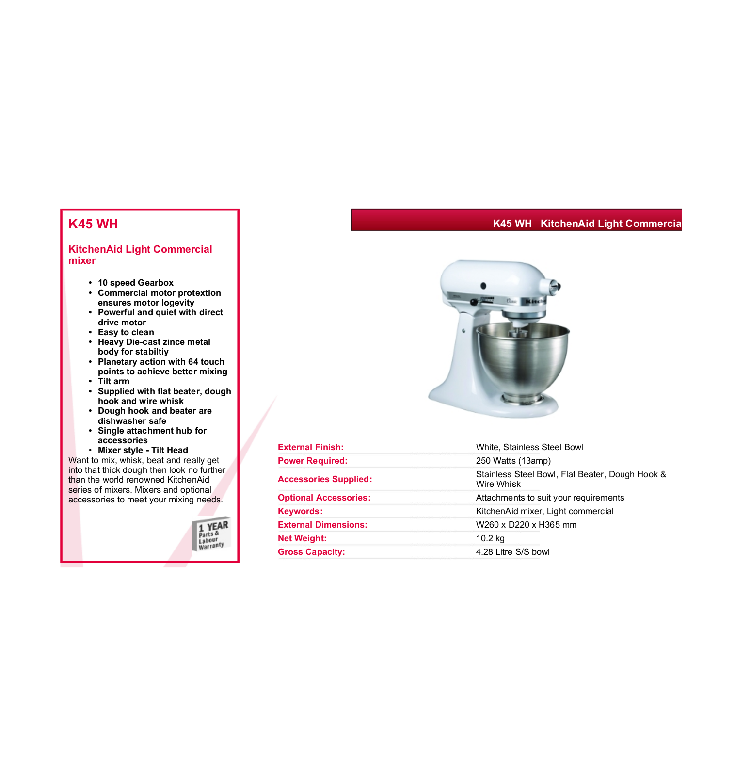 Valera K45 WH DATASHEET