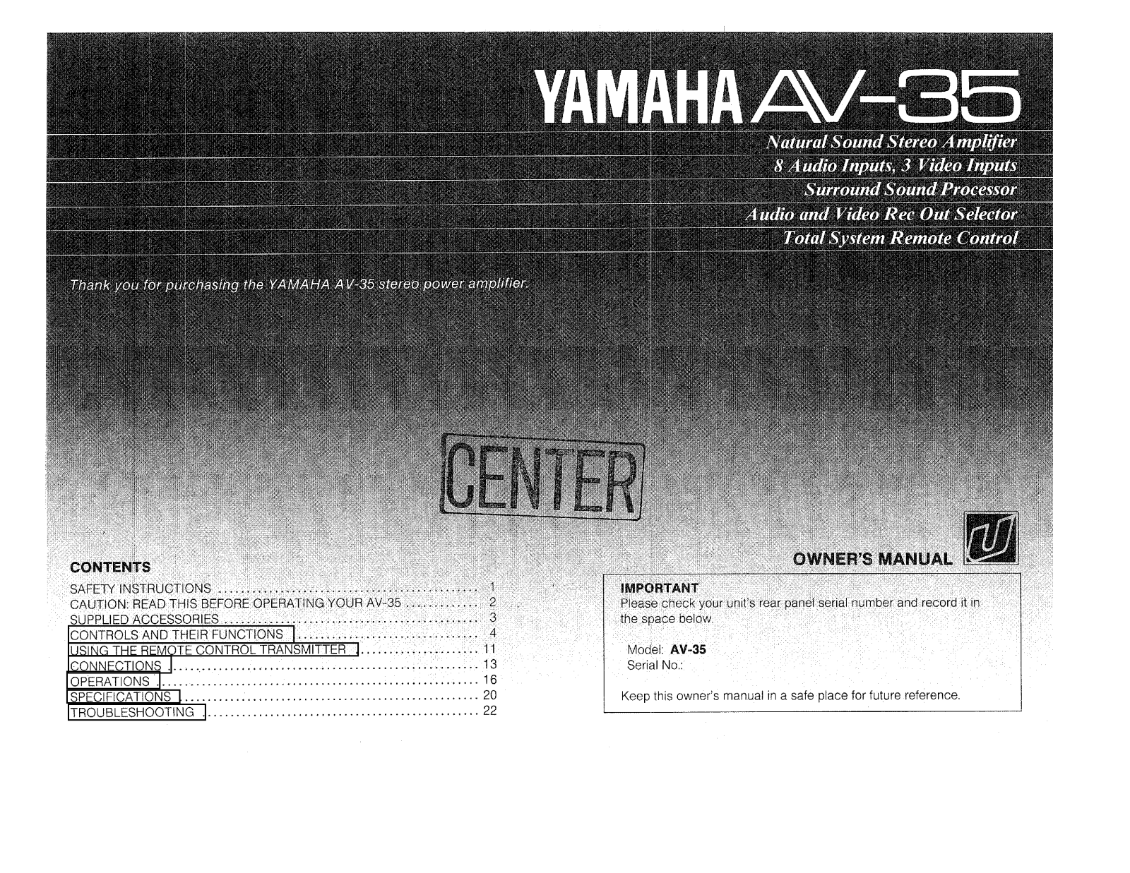 Yamaha AV-35 Owner Manual