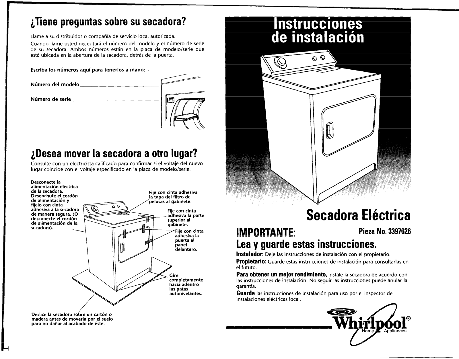 Whirlpool 3DLER5437JQ, 3HLER5437JQ, 3LER5436EQ, 3XLER5435HQ Installation Instructions - ManualMachine.com