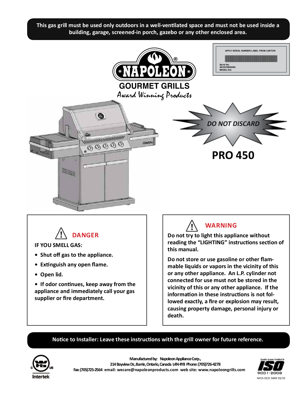 Napoleon Grills PRO 450 User Manual