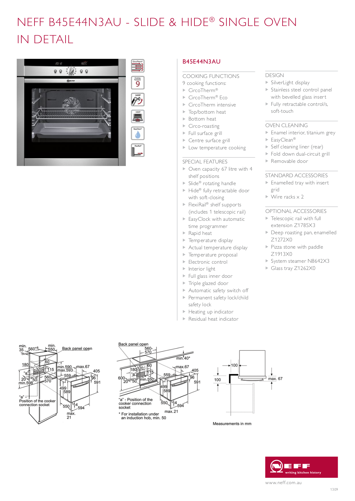 NEFF B45E44N3AU Specifications Sheet