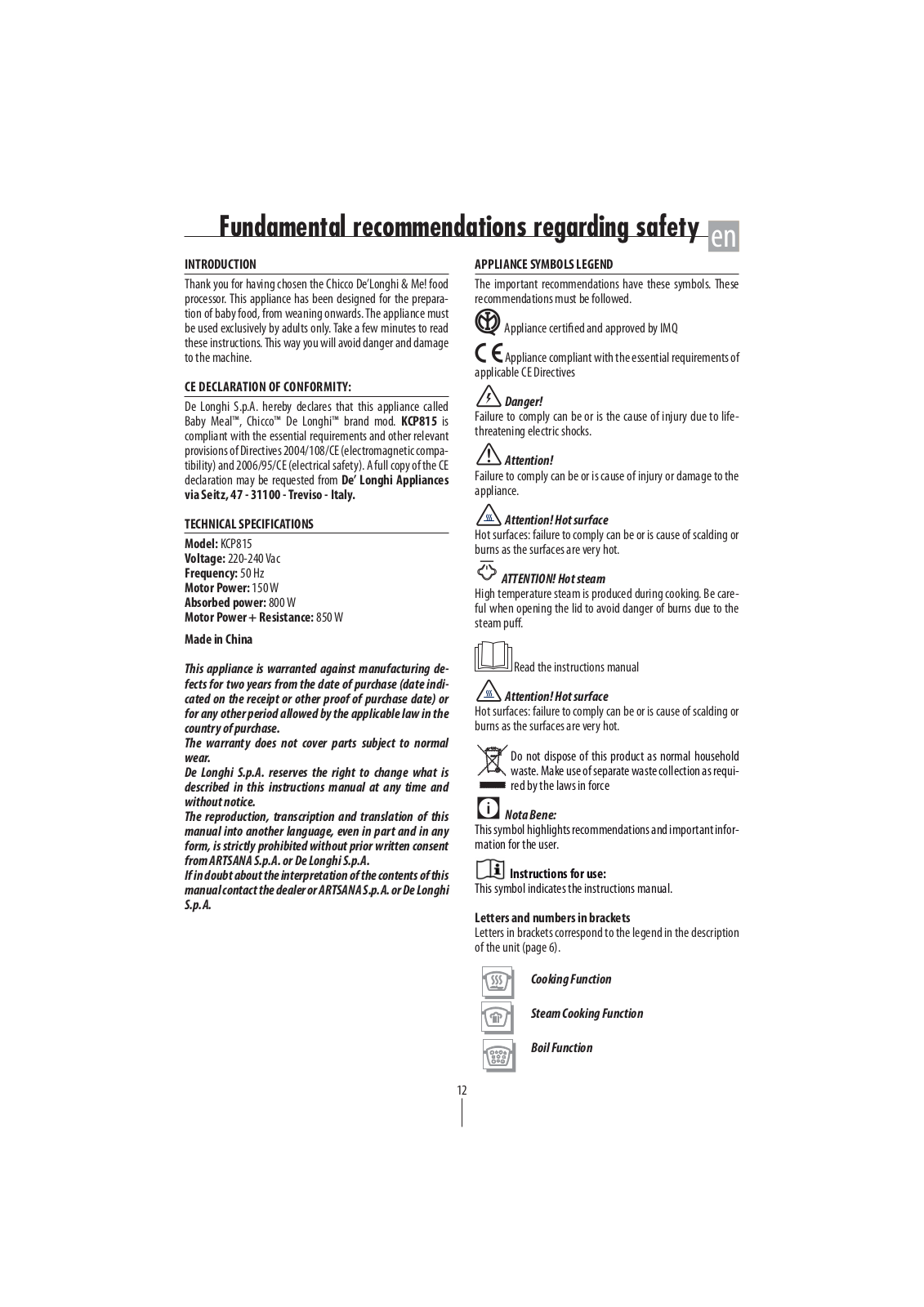 Delonghi KCP 815.BL Instructions Manual