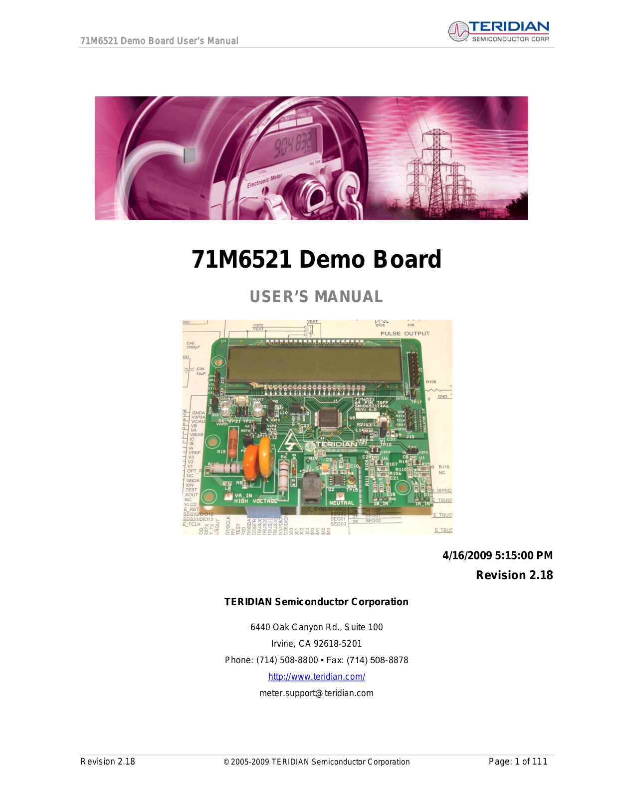 TERIDIAN Semiconductor 71M6521 User Manual