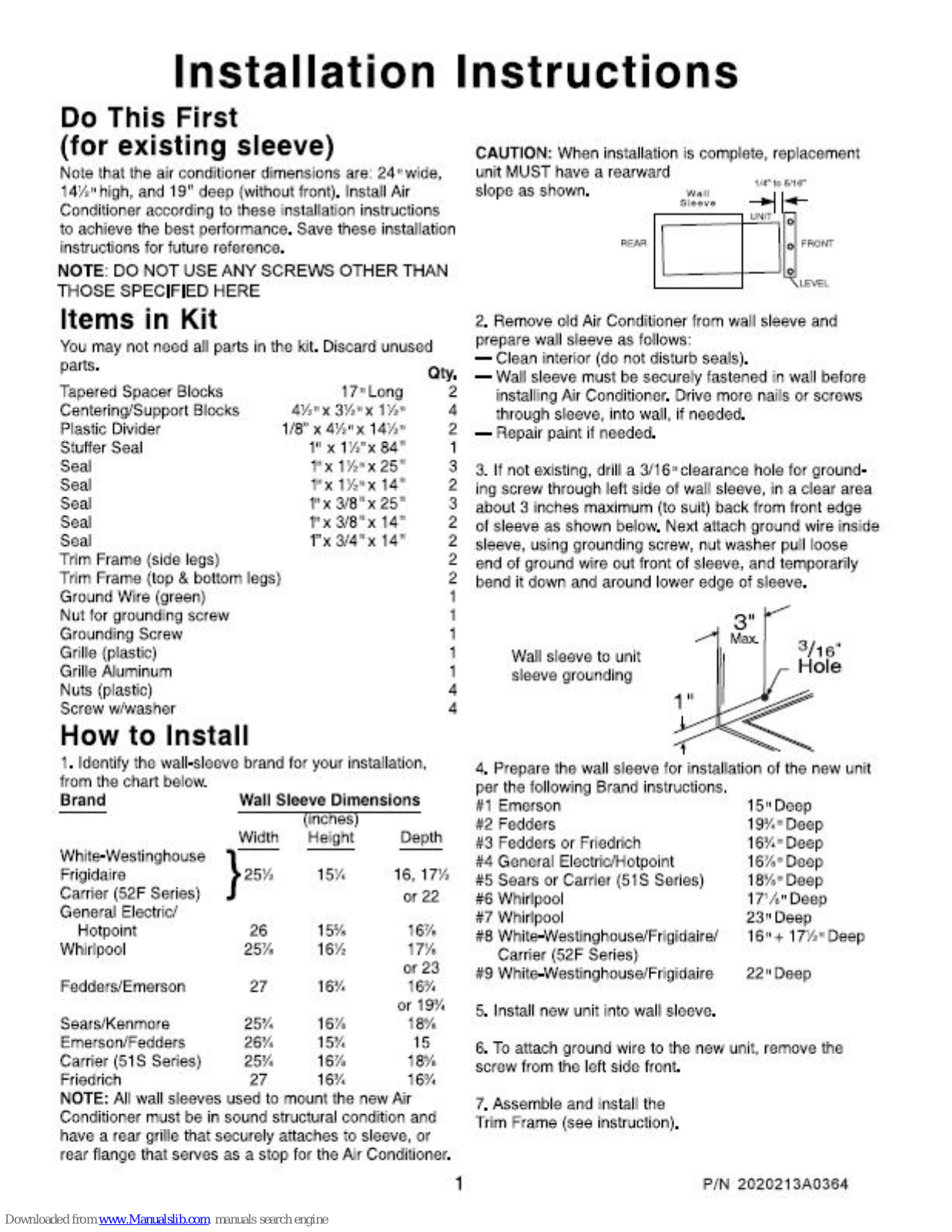 Frigidaire FAH08ES1T - 8, 000 BTU Through-the-Wall Room Air Conditioner, FAH12ES2T, 000 Installation Instructions Manual