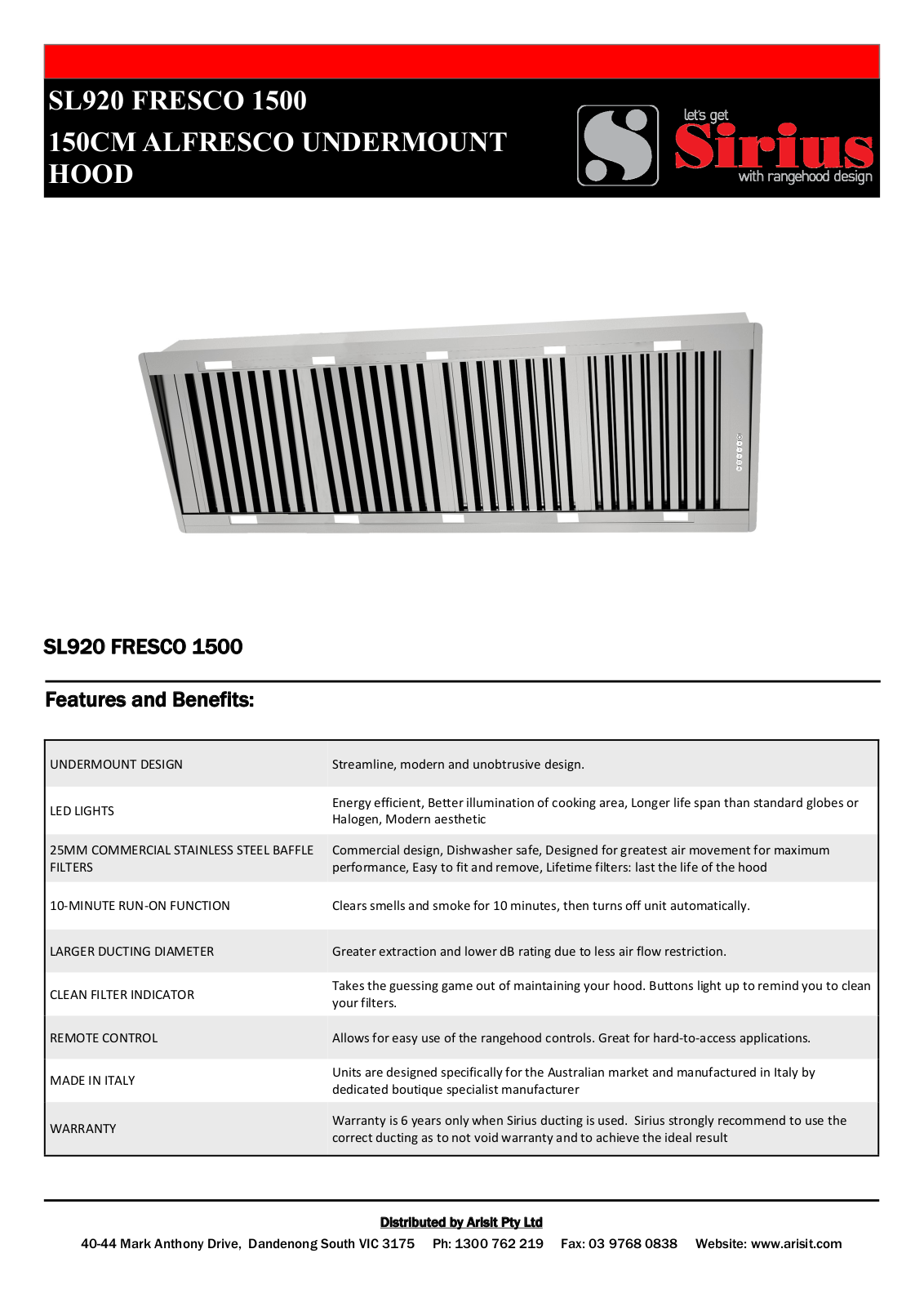 Sirius SL920FRESCO1500 Specifications Sheet