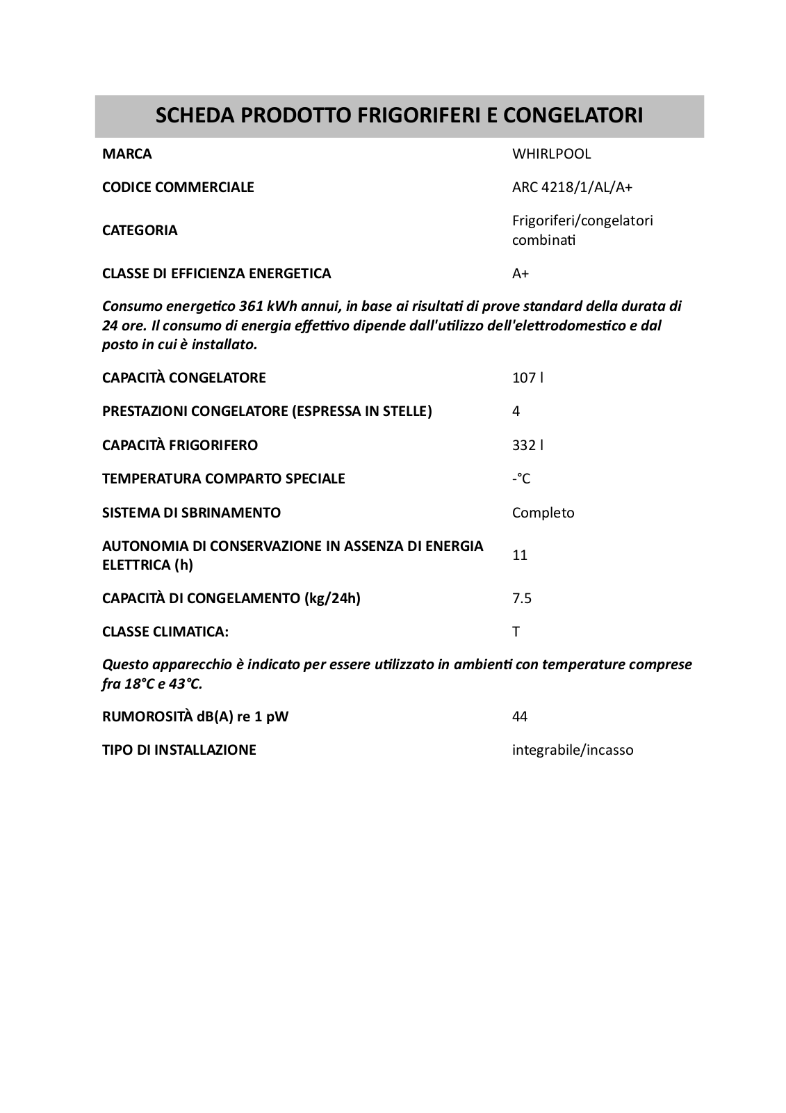 Whirlpool ARC 4218/1/AL/A PRODUCT SHEET