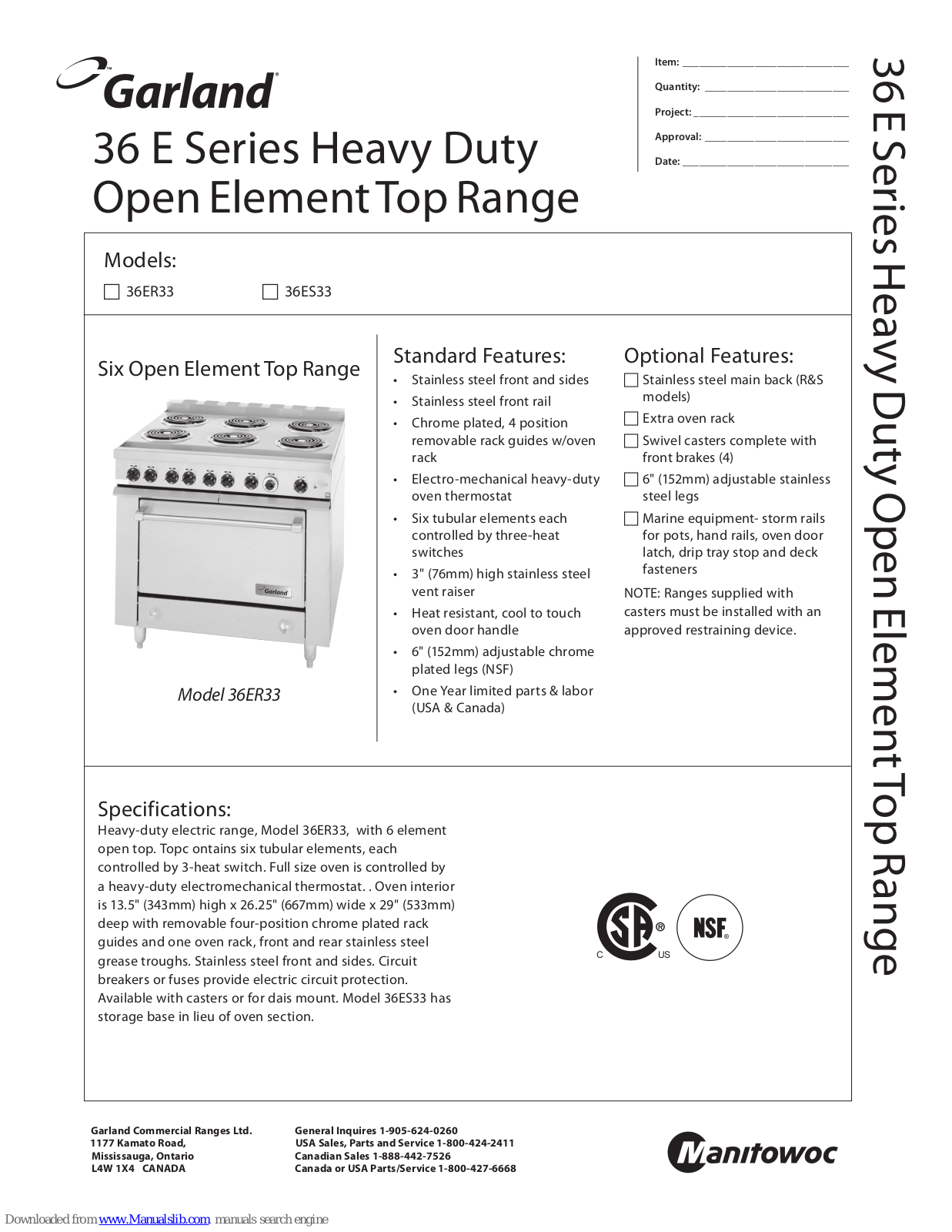 Garland 36ER33, 36ES33 Specifications