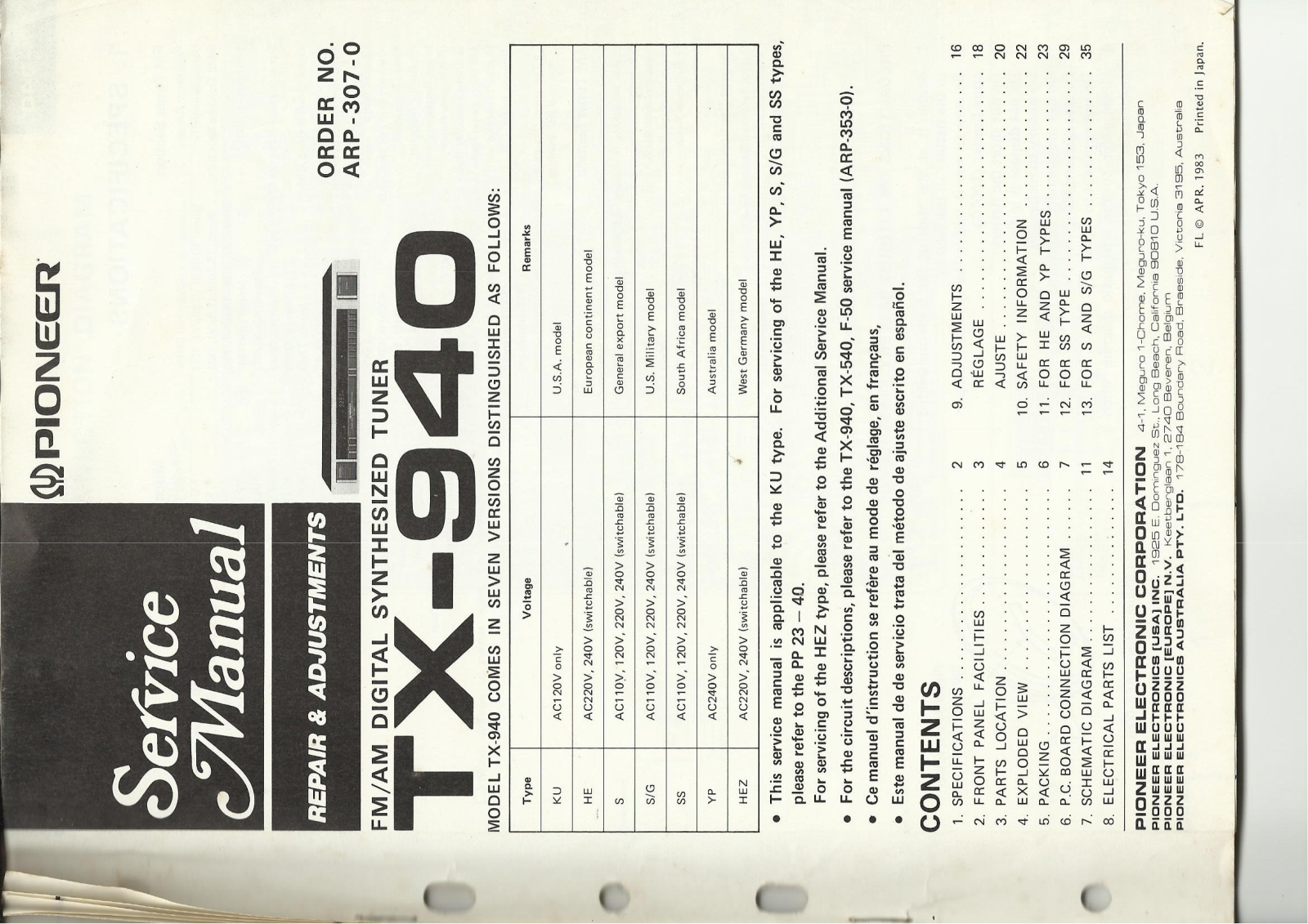 Pioneer TX-940 Schematic