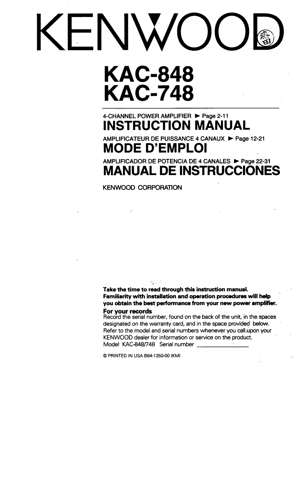 KENWOOD KAC-848 User Manual