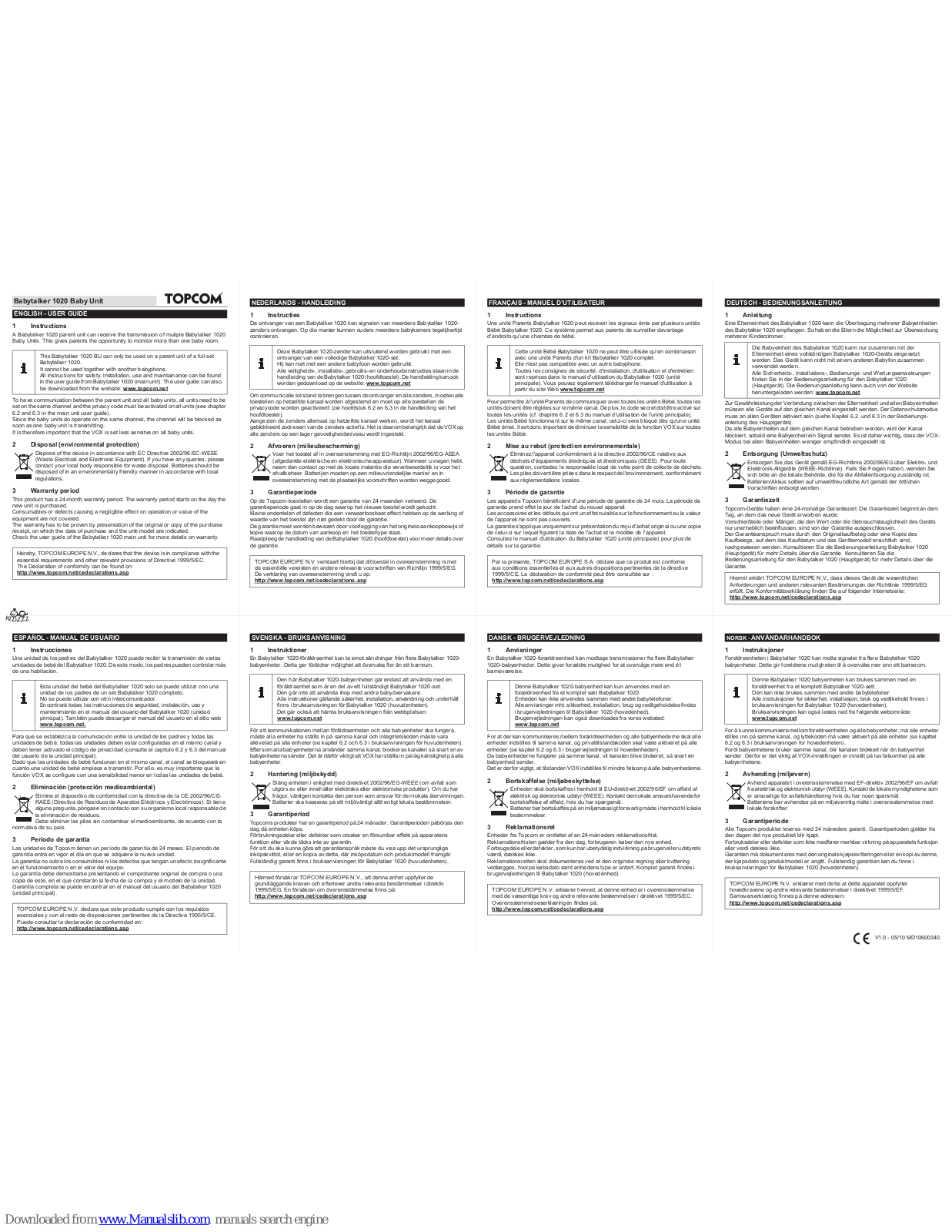 Topcom 1020, Babytalker 1020 Baby Unit User Manual