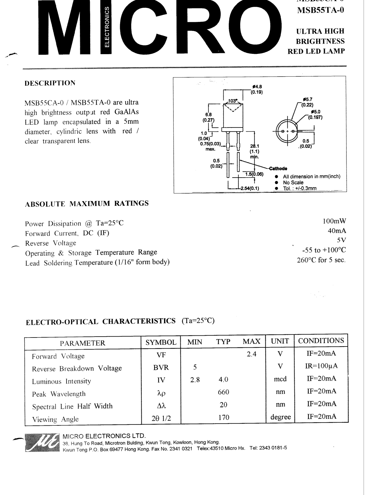 MICRO MSB55TA-0, MSB55CA-0 Datasheet