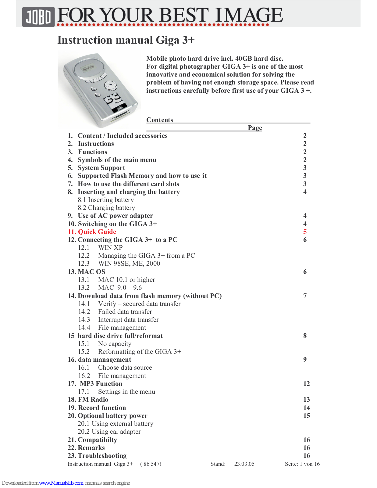 JOBO Mobile Photo Hard Drive Giga 3+ Instruction Manual