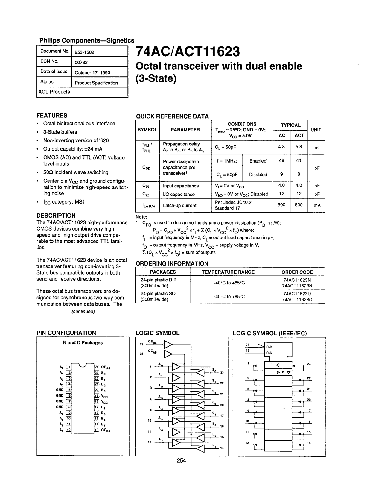 Philips 74ACT11623N, 74ACT11623D, 74AC11623N, 74AC11623D Datasheet