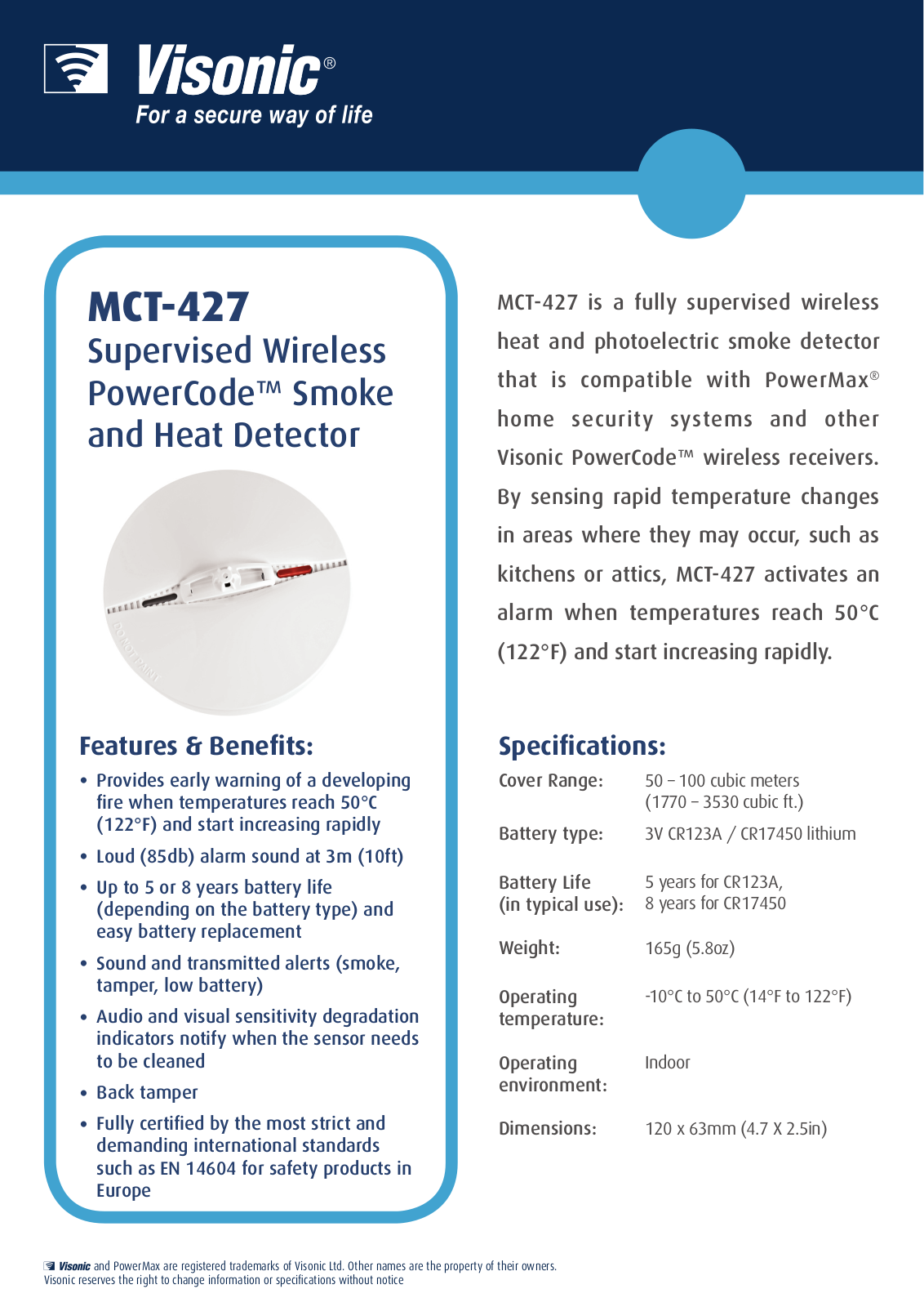 Visonic MCT-427 Specsheet